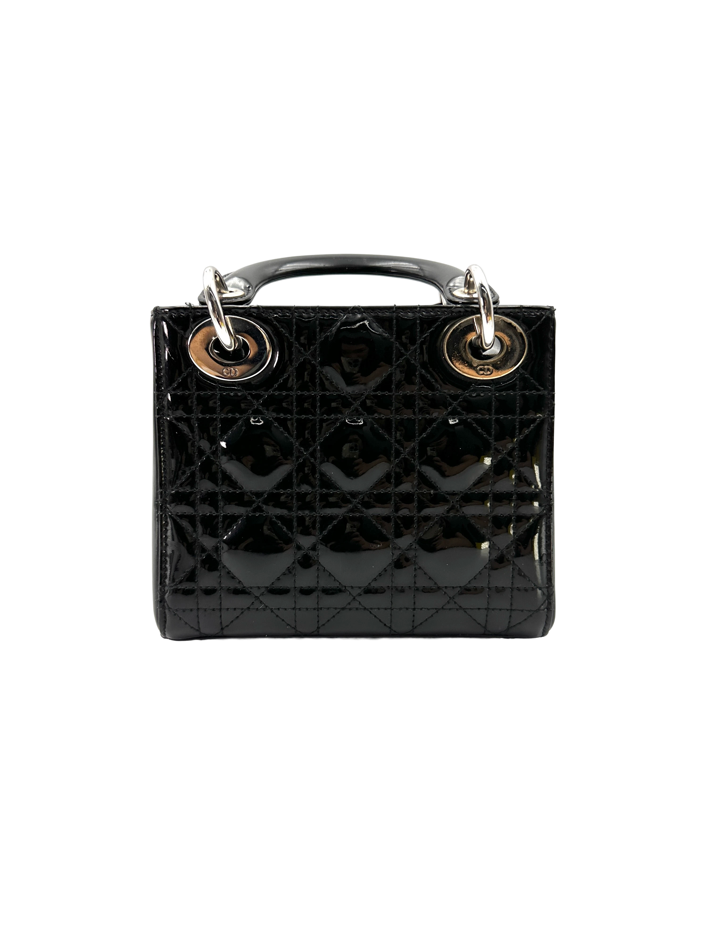 Christian Dior Lady Dior Black Cannage Patent Leather Handle Bag DR830