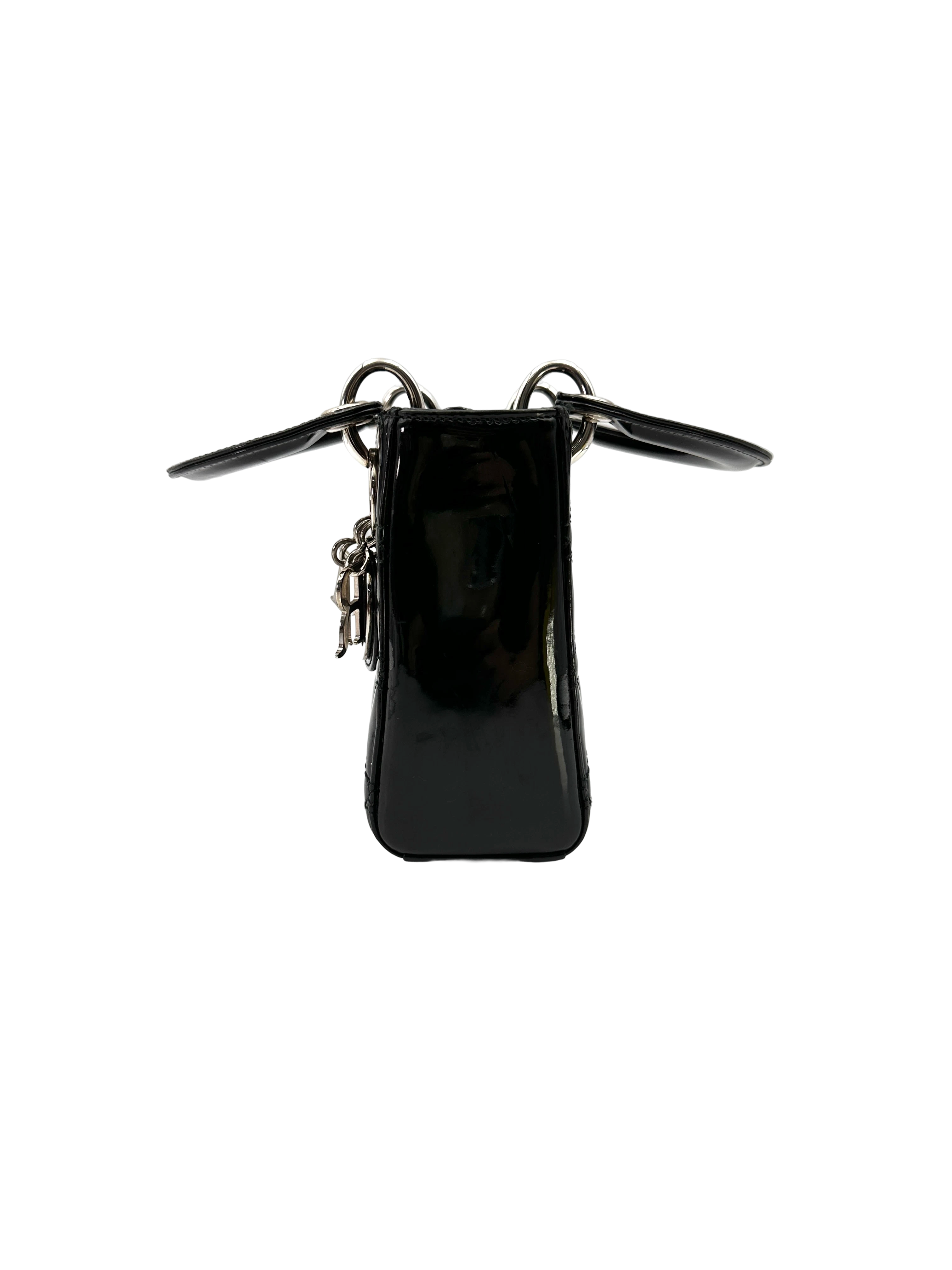 Christian Dior Lady Dior Black Cannage Patent Leather Handle Bag DR830