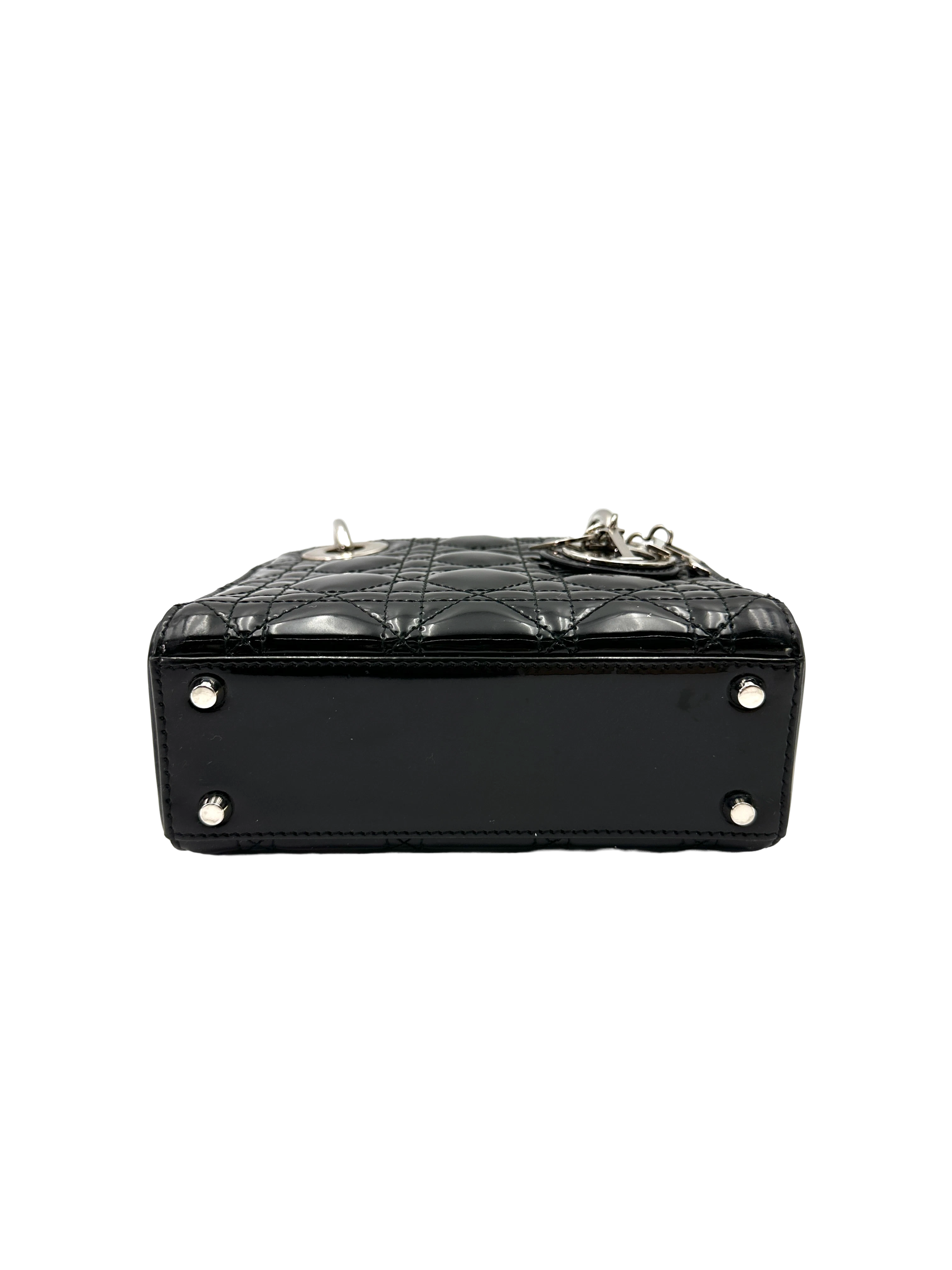 Christian Dior Lady Dior Black Cannage Patent Leather Handle Bag DR830