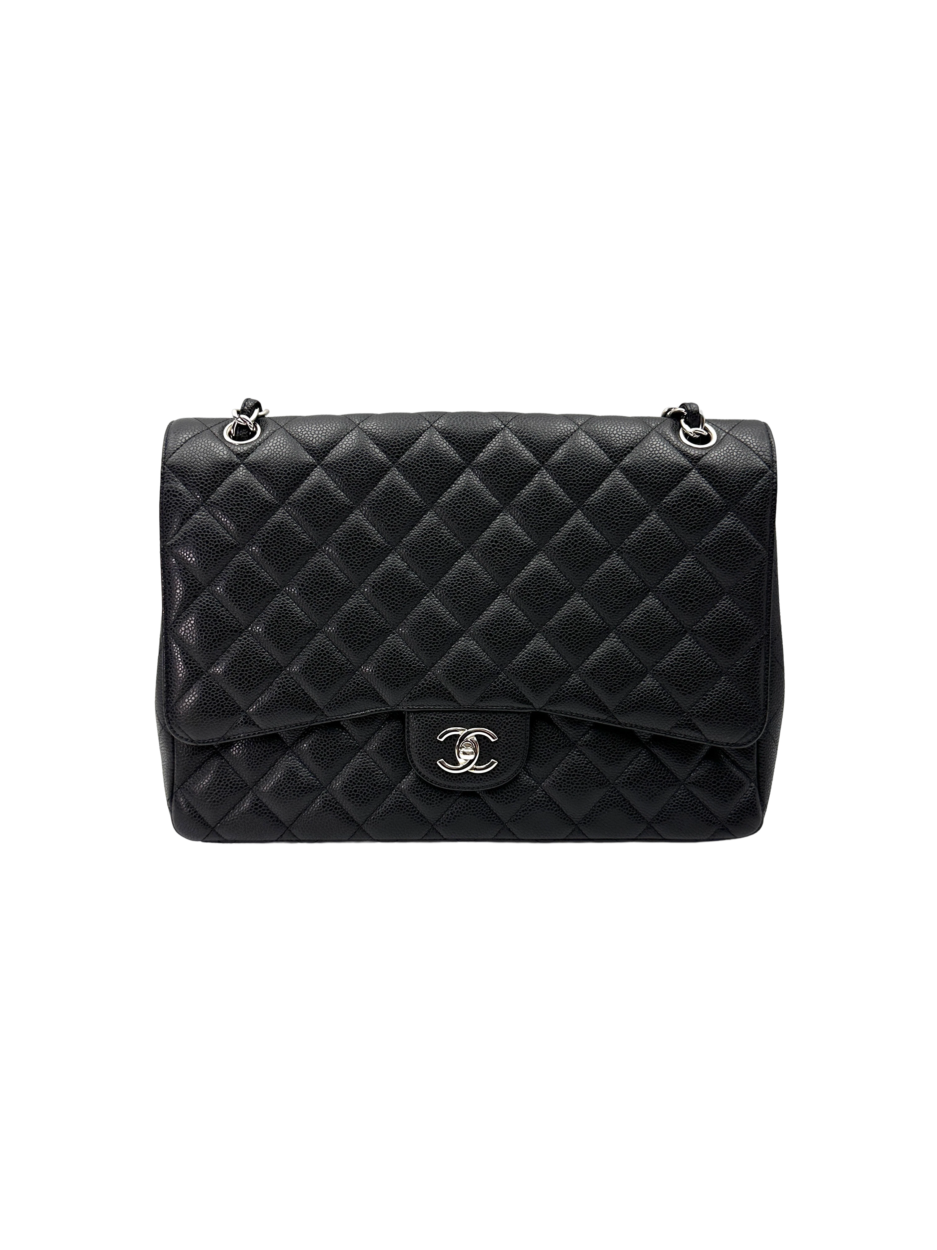 Chanel Classic Flap Black Quilted Leather Maxi Shoulder Bag With Silver Buckle(13***34) CC2292