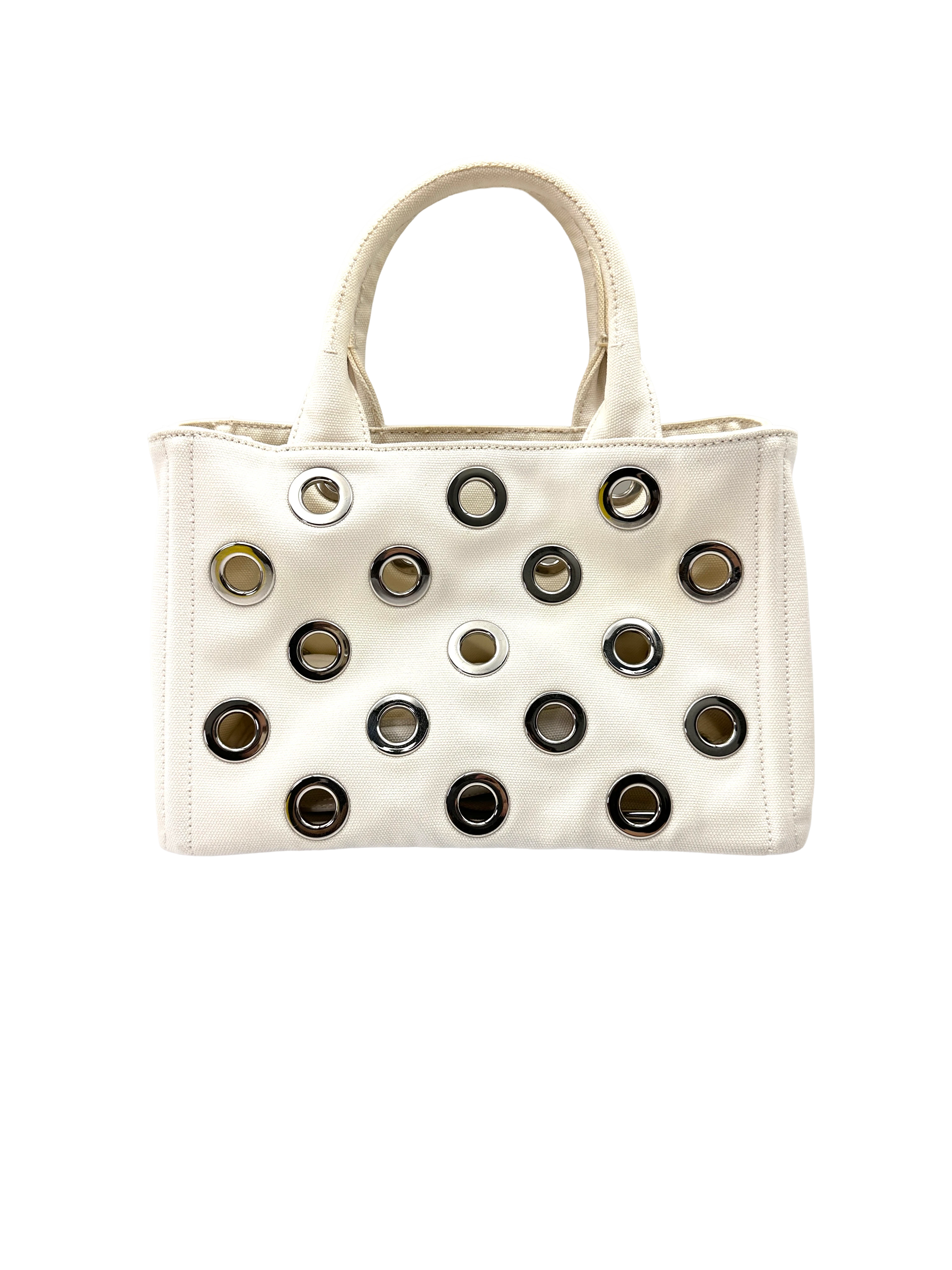 Prada White Canapa Canvas Tote Handle Bag With Silver Grommet Eyelets Detailing PR515
