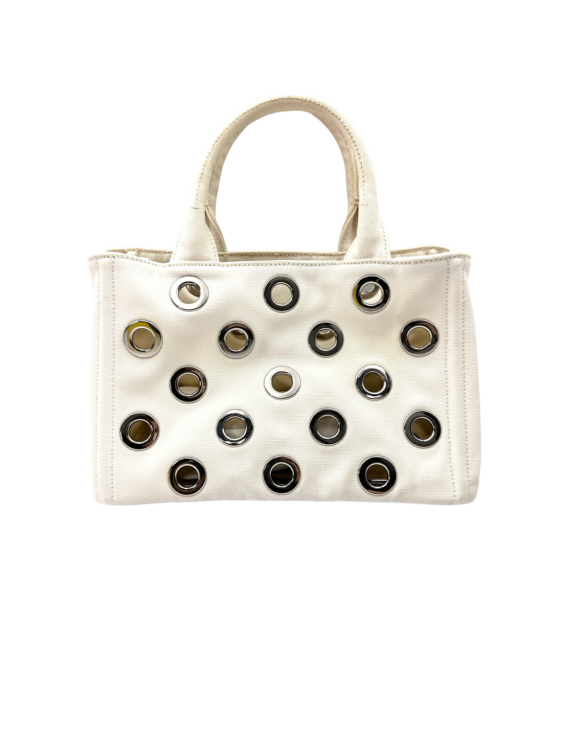 Prada White Canapa Canvas Tote Handle Bag With Silver Grommet Eyelets Detailing PR515