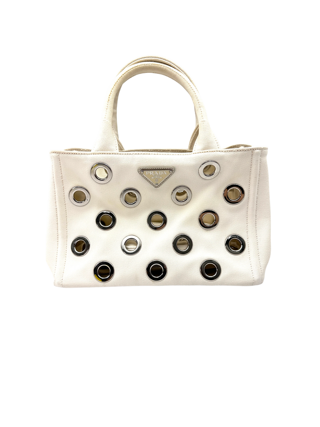 Prada White Canapa Canvas Tote Handle Bag With Silver Grommet Eyelets Detailing PR515