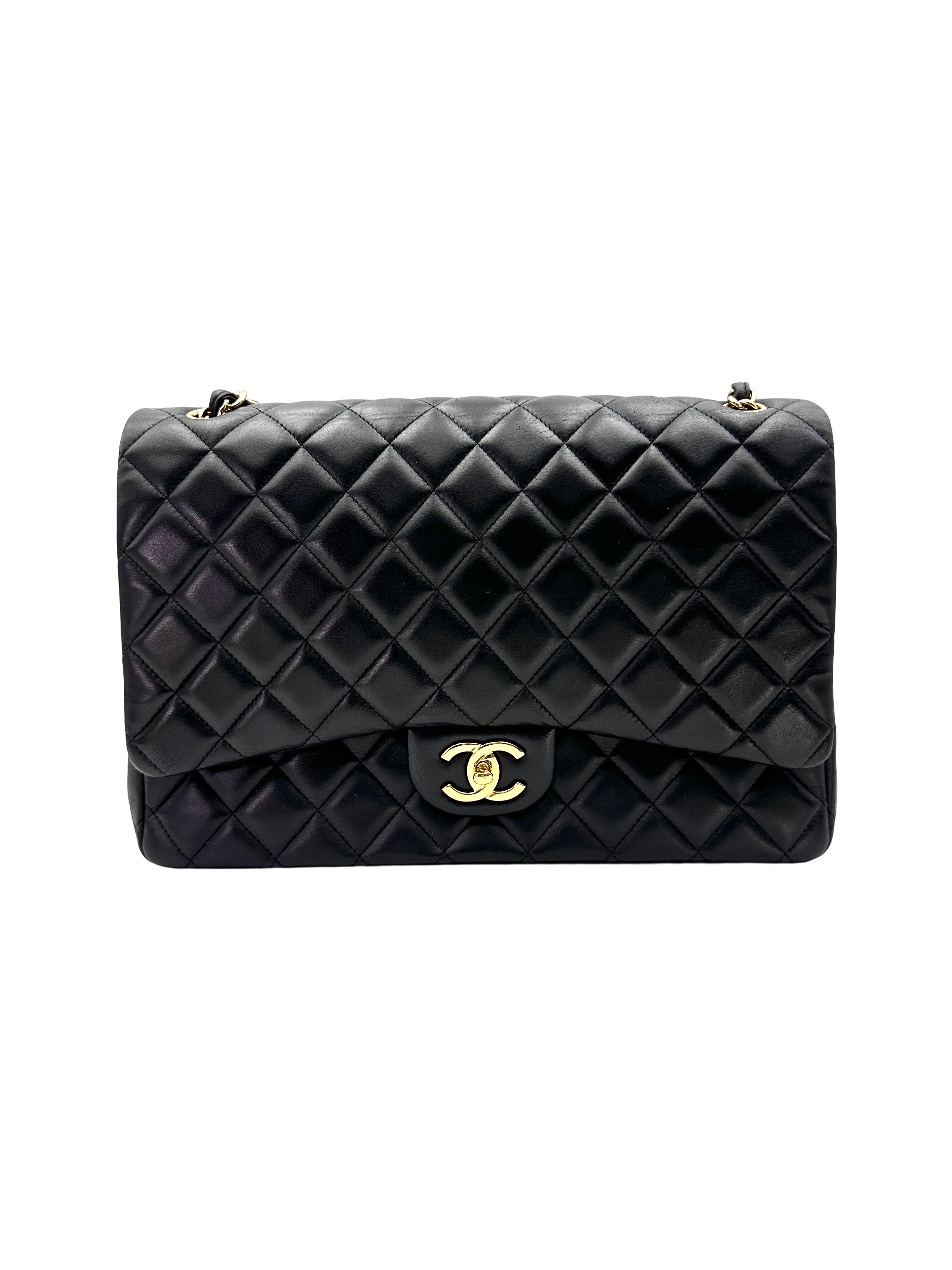 Chanel Classic Flap Black Quilted Lambskin Maxi Shoulder Bag With Gold Buckle(15***73) CC2291