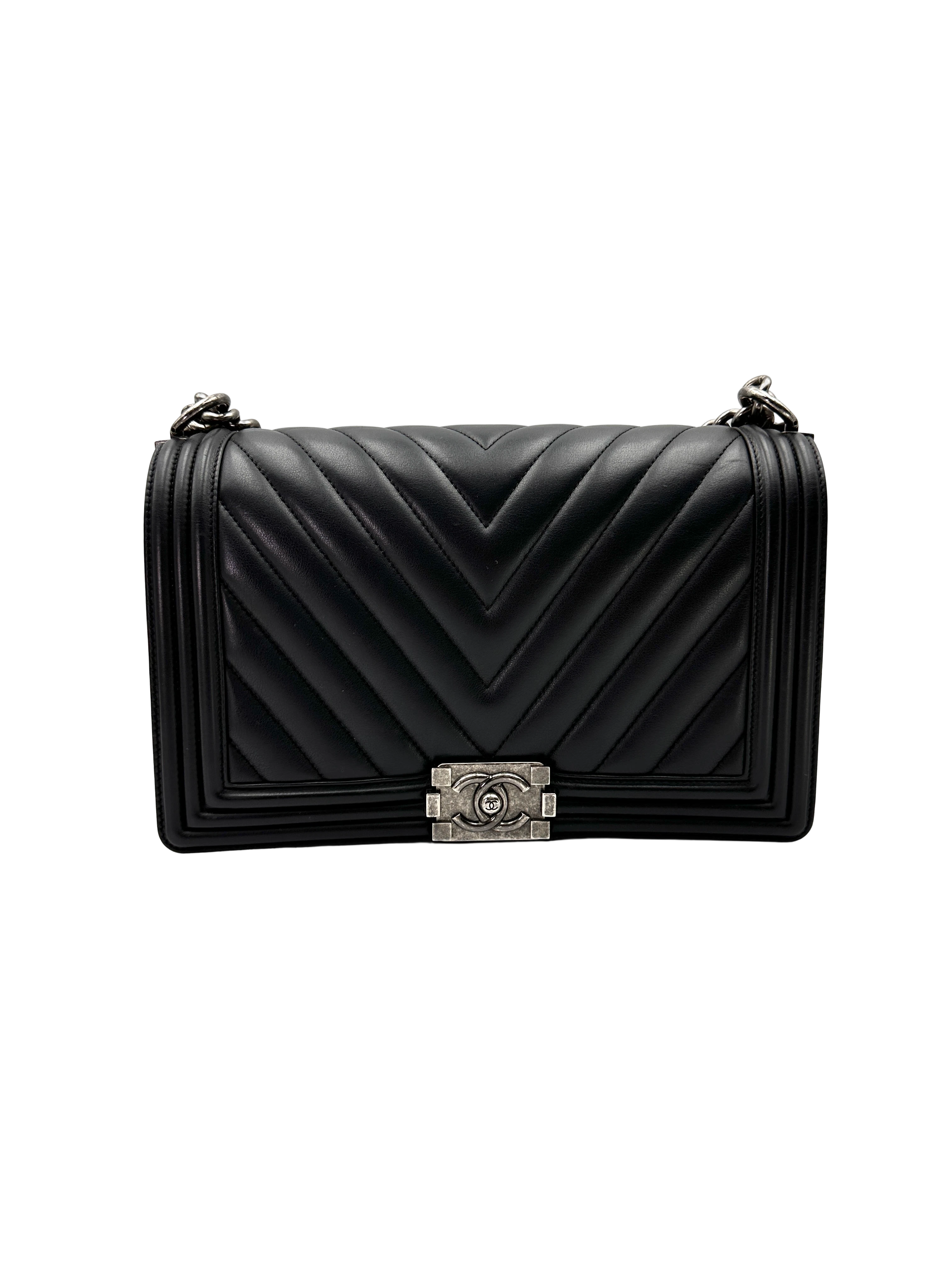 Chanel LeBoy Black Chevron Quilted Leather Large Size Flap Bag With Silver Buckle(22***94) CC2293