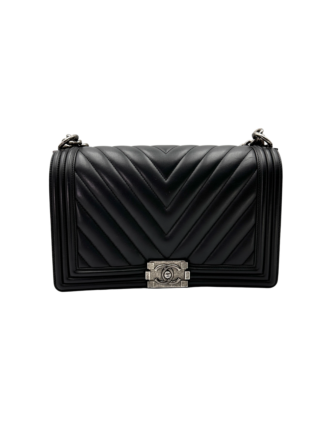 Chanel LeBoy Black Chevron Quilted Leather Large Size Flap Bag With Silver Buckle(22***94) CC2293