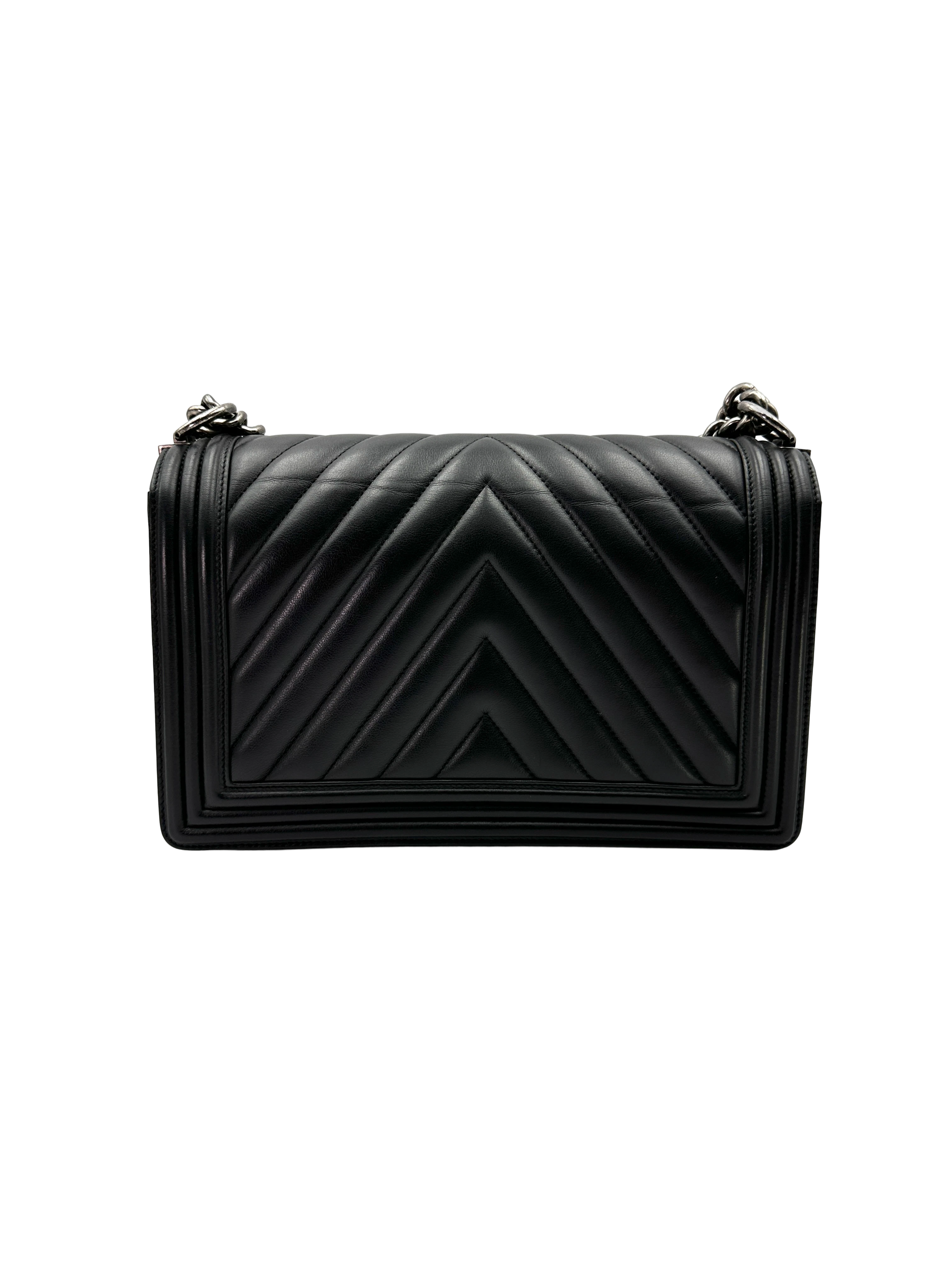 Chanel LeBoy Black Chevron Quilted Leather Large Size Flap Bag With Silver Buckle(22***94) CC2293
