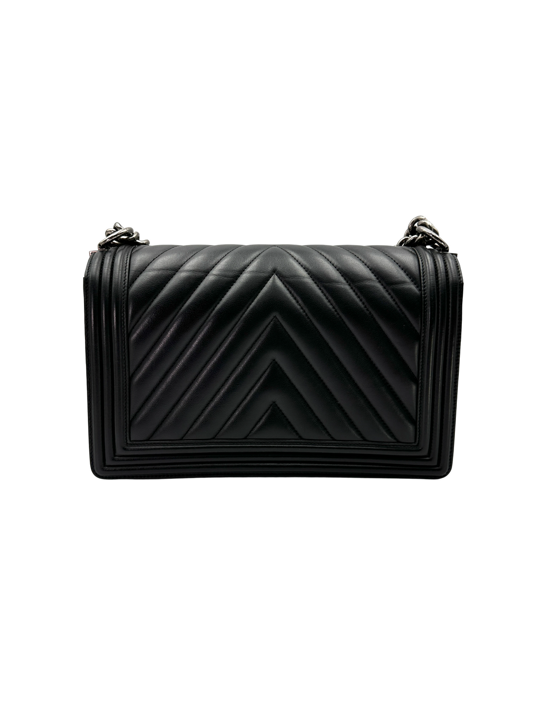 Chanel LeBoy Black Chevron Quilted Leather Large Size Flap Bag With Silver Buckle(22***94) CC2293