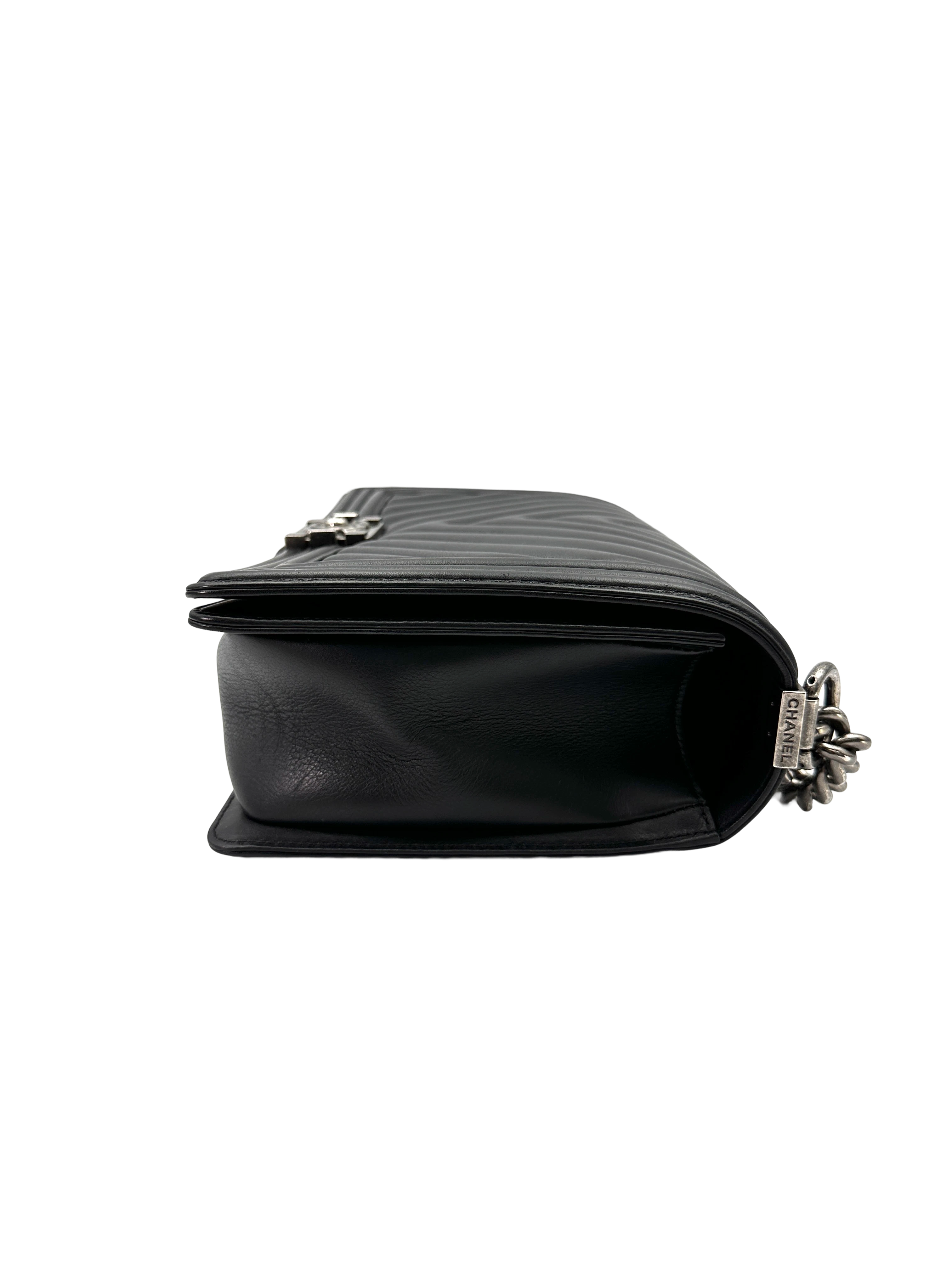 Chanel LeBoy Black Chevron Quilted Leather Large Size Flap Bag With Silver Buckle(22***94) CC2293