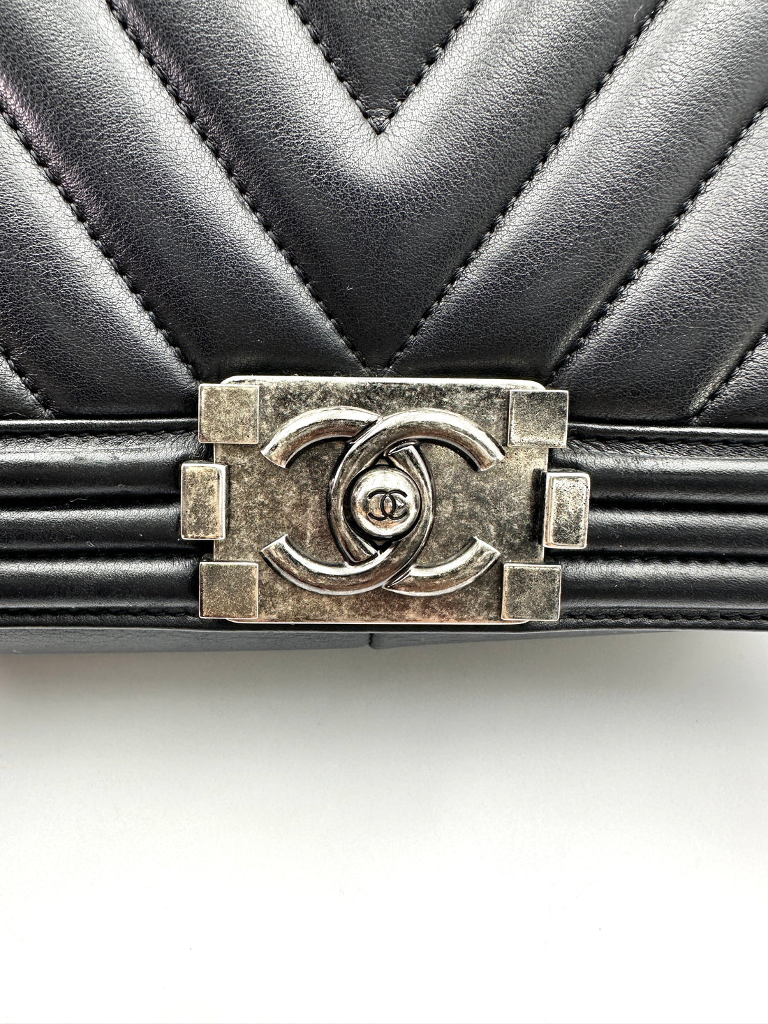 Chanel LeBoy Black Chevron Quilted Leather Large Size Flap Bag With Silver Buckle(22***94) CC2293