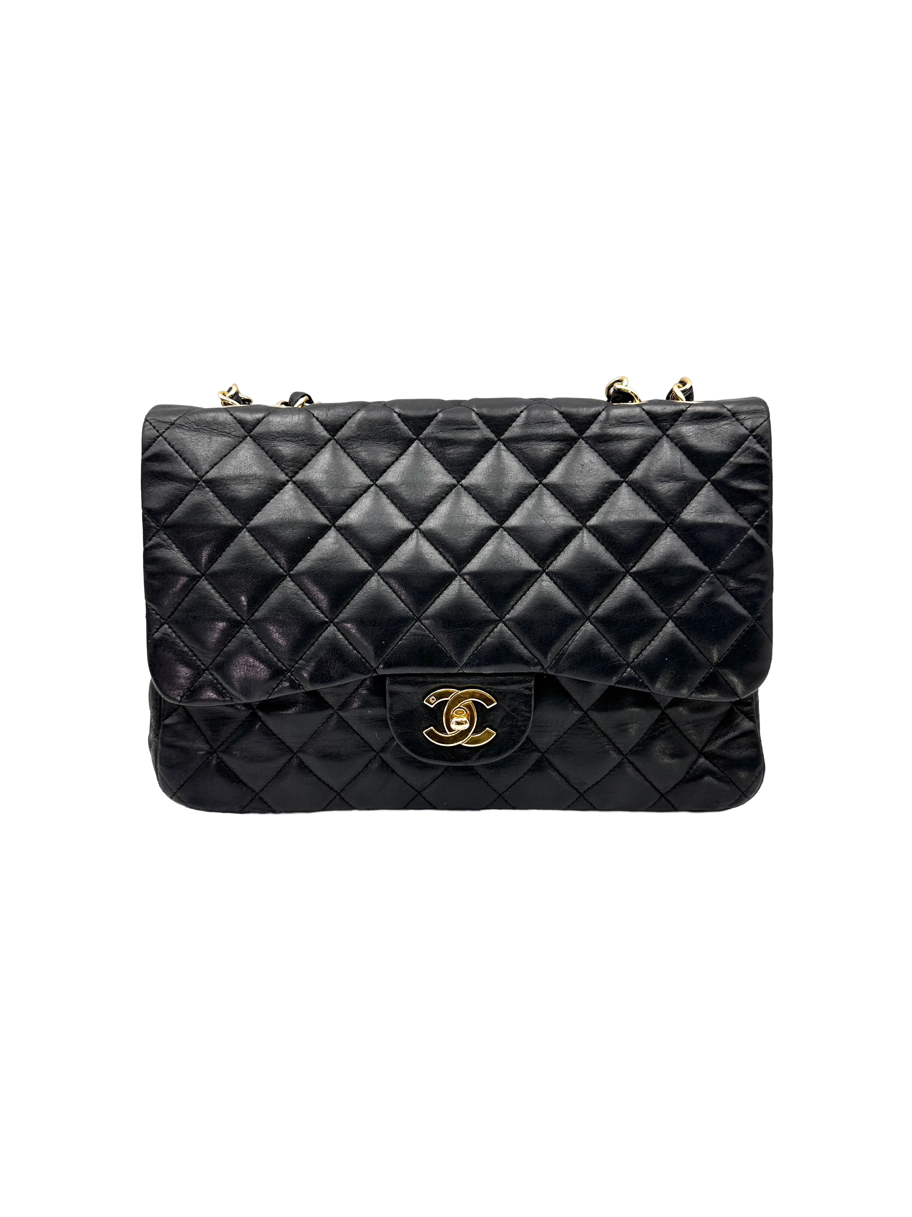 Chanel Classic Flap Black Quilted Lambskin Jumbo Shoulder Bag With Gold Buckle(12***12) CC2300