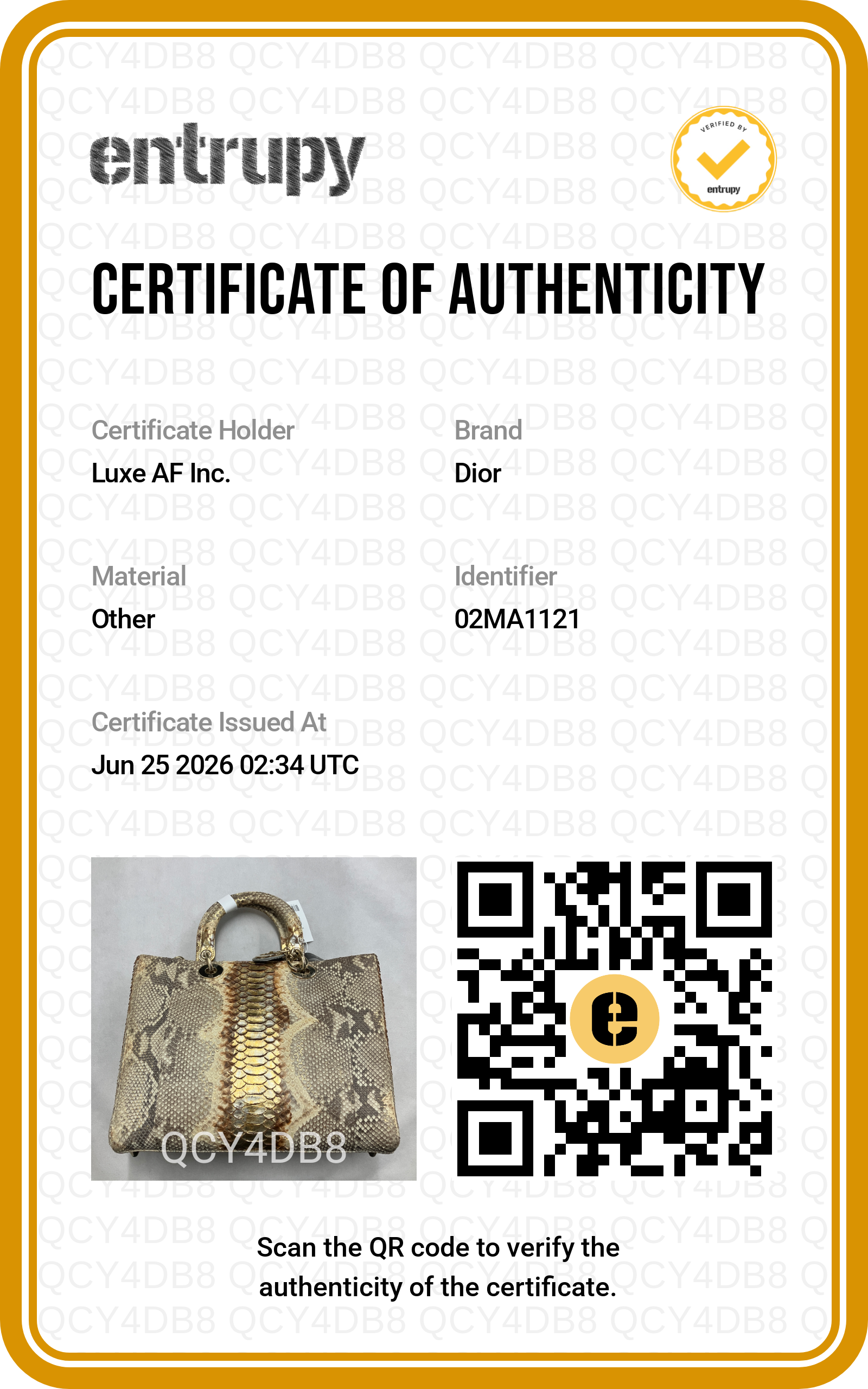Christian Dior Lady Dior Gold Python Leather Handle Bag DR832