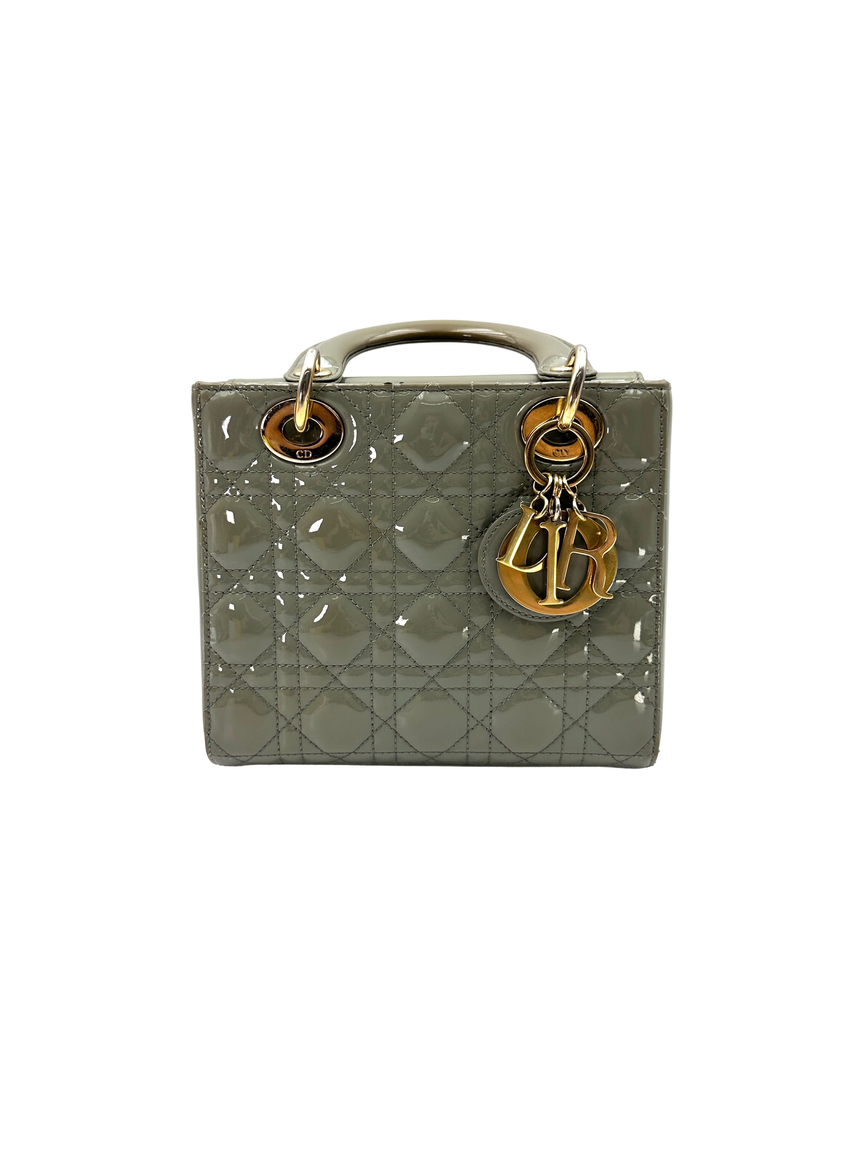 Christian Dior Lady Dior Grey Cannage Patent Leather Handle Bag DR834