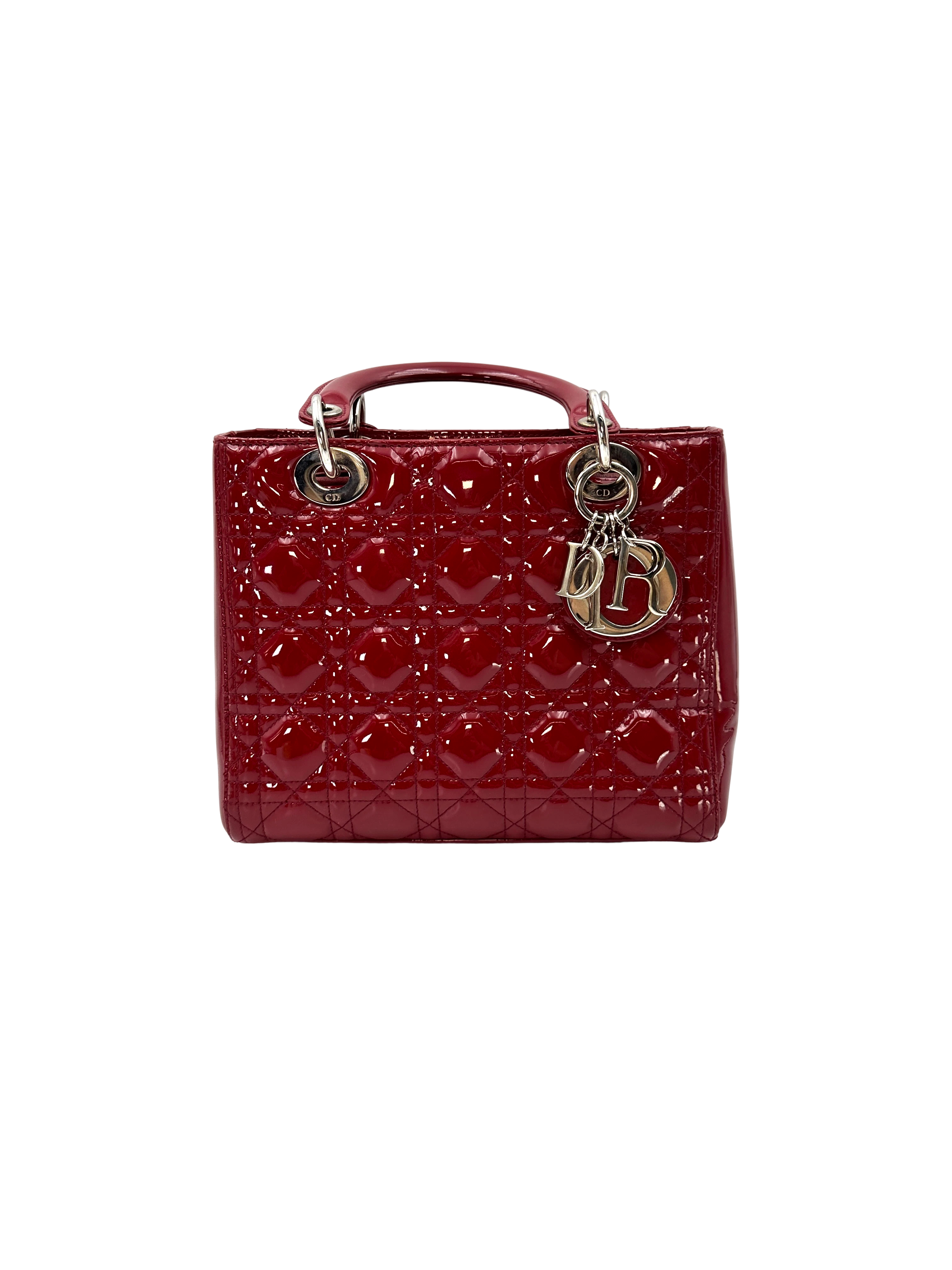 Christian Dior Lady Dior Red Cannage Patent Leather Handle Bag DR833