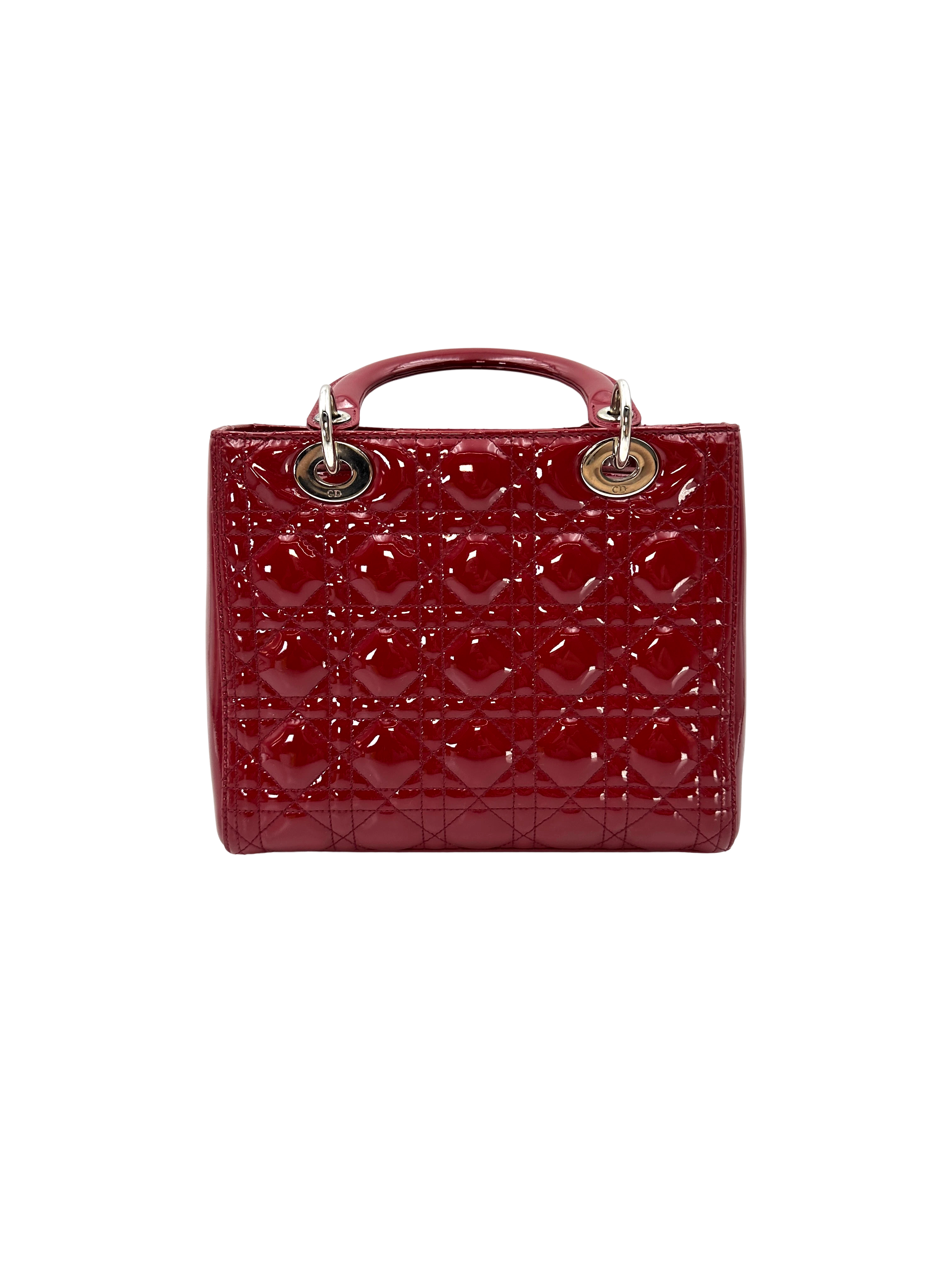 Christian Dior Lady Dior Red Cannage Patent Leather Handle Bag DR833