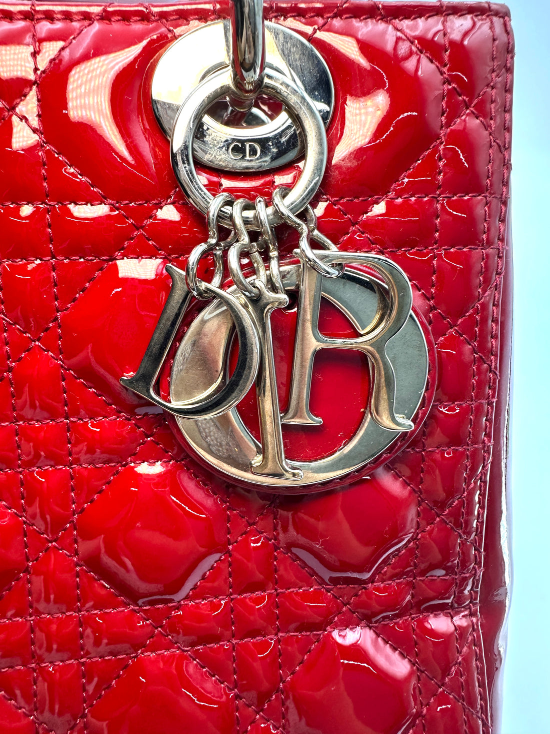 Christian Dior Lady Dior Red Cannage Patent Leather Handle Bag DR833
