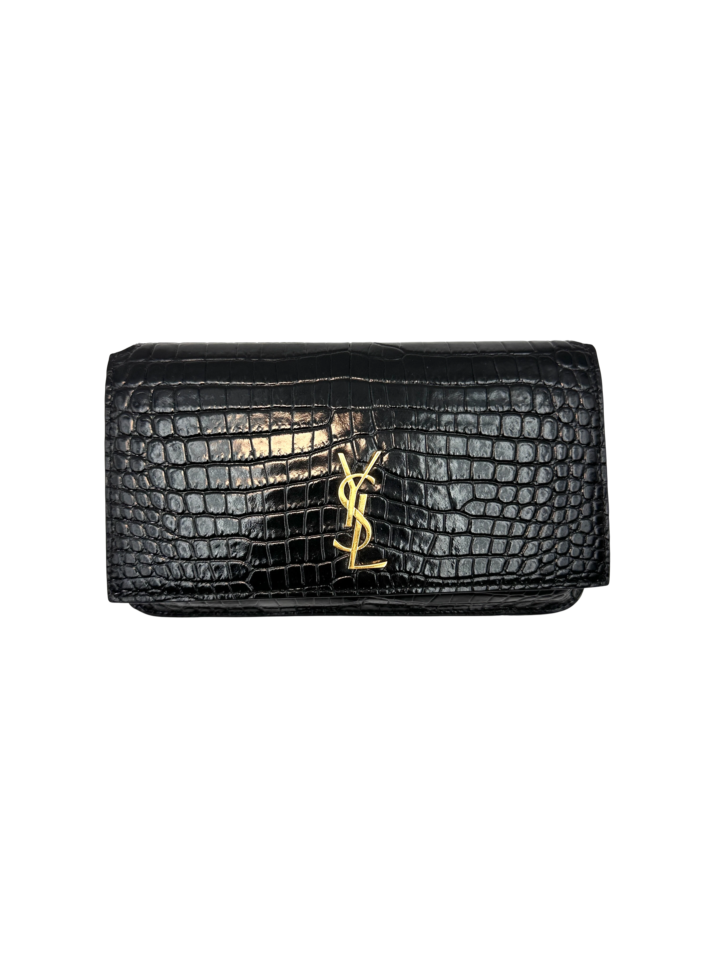Saint Laurent Black Croc-Embossed Leather Wallet On Chain SL270