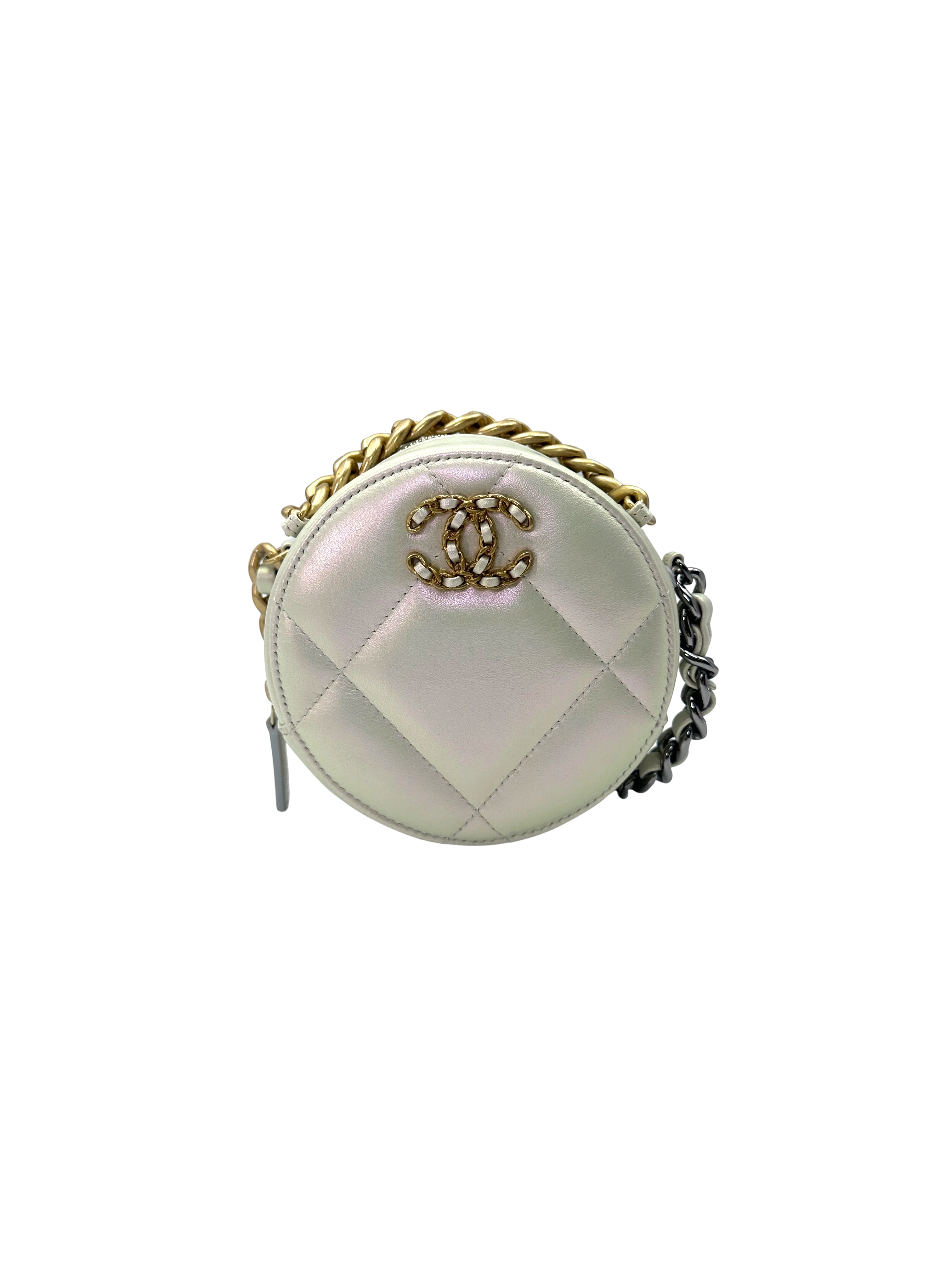 Chanel Iridescent White Quilted Leather Mini Round Clutch(30***65) CC2311