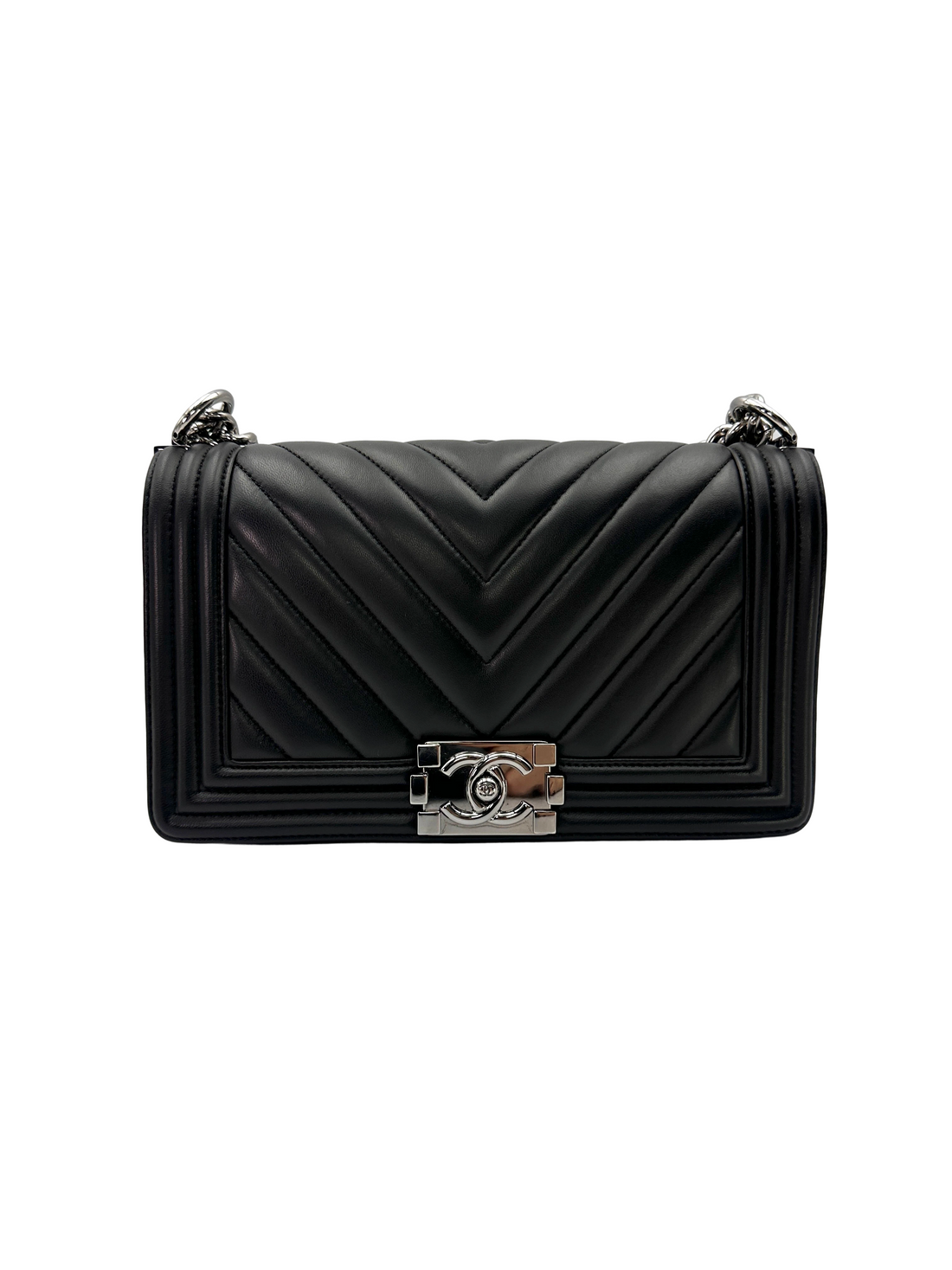 Chanel LeBoy Black Chevron Quilted Leather Medium Size Flap Bag With Silver Buckle(24***86) CC2317