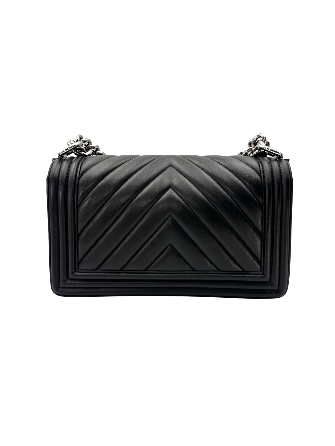 Chanel LeBoy Black Chevron Quilted Leather Medium Size Flap Bag With Silver Buckle(24***86) CC2317