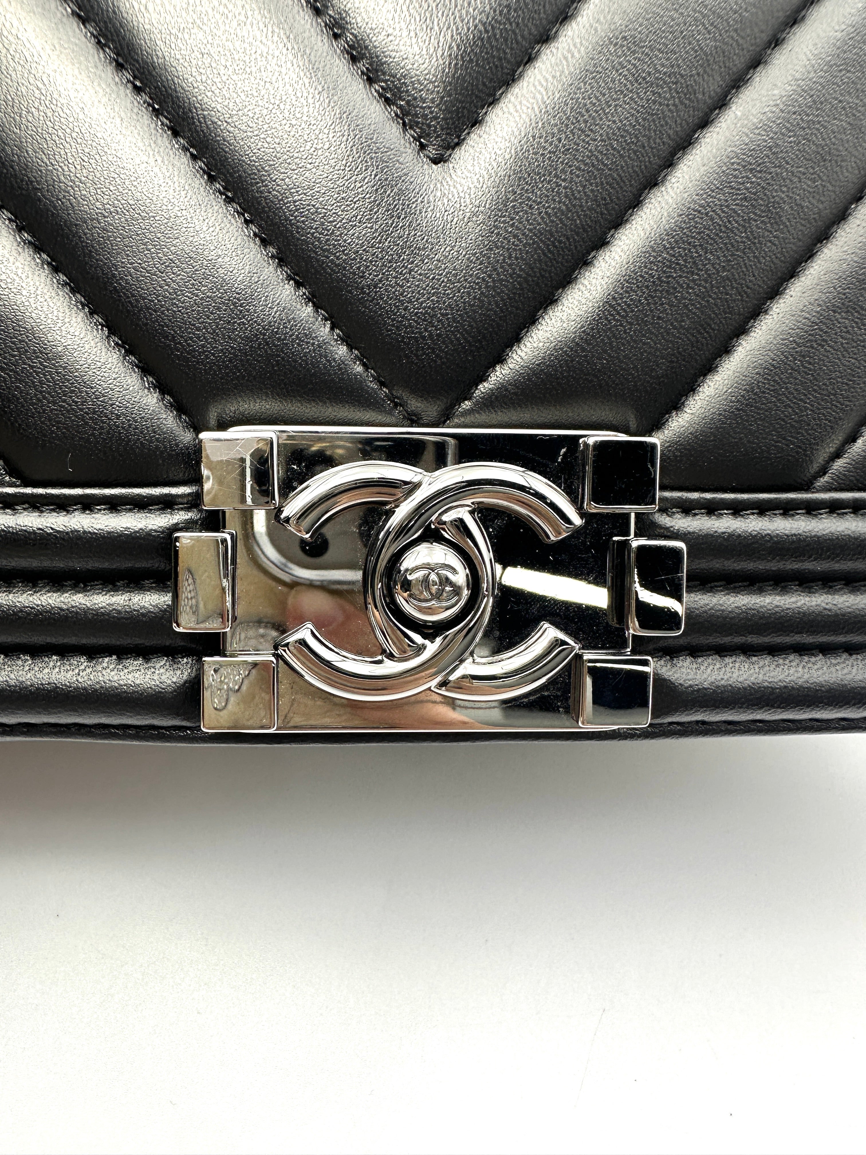 Chanel LeBoy Black Chevron Quilted Leather Medium Size Flap Bag With Silver Buckle(24***86) CC2317