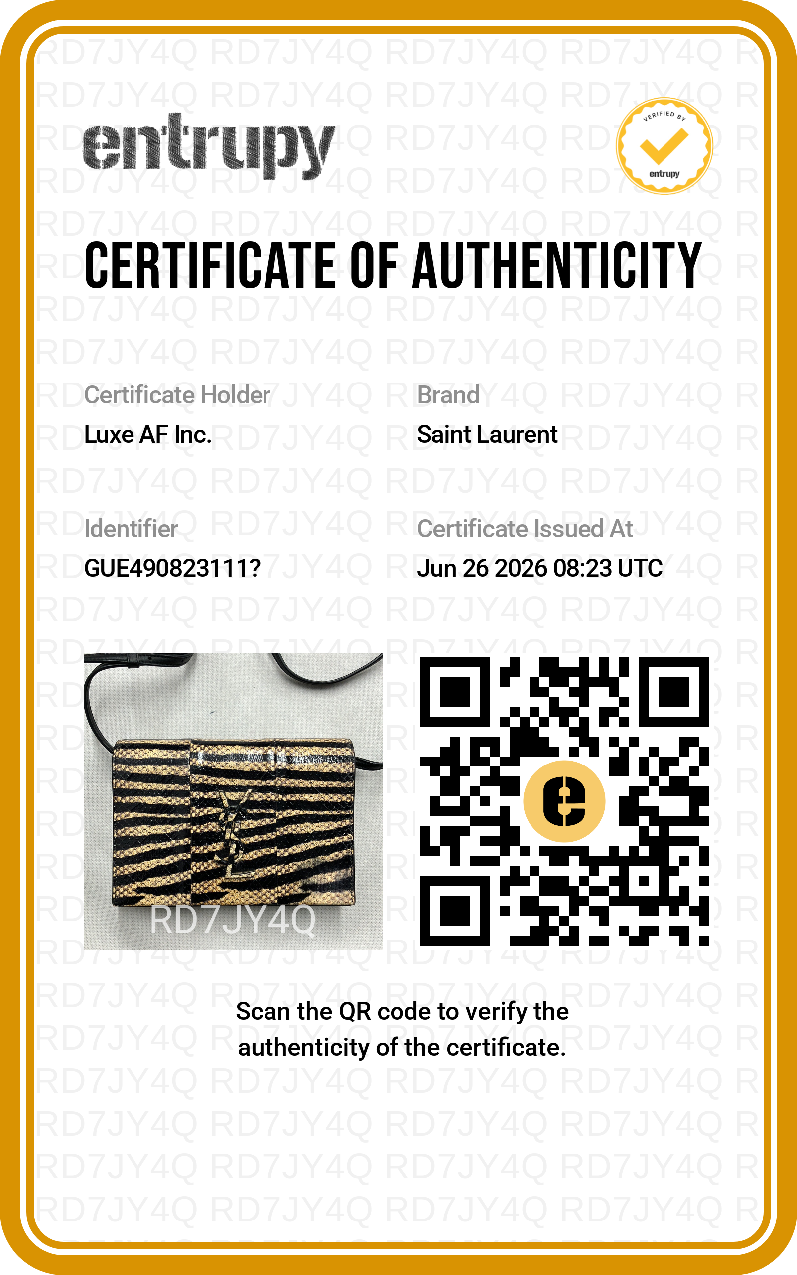 Saint Laurent Kate Zebra Print Leather Wallet On Chain SL271