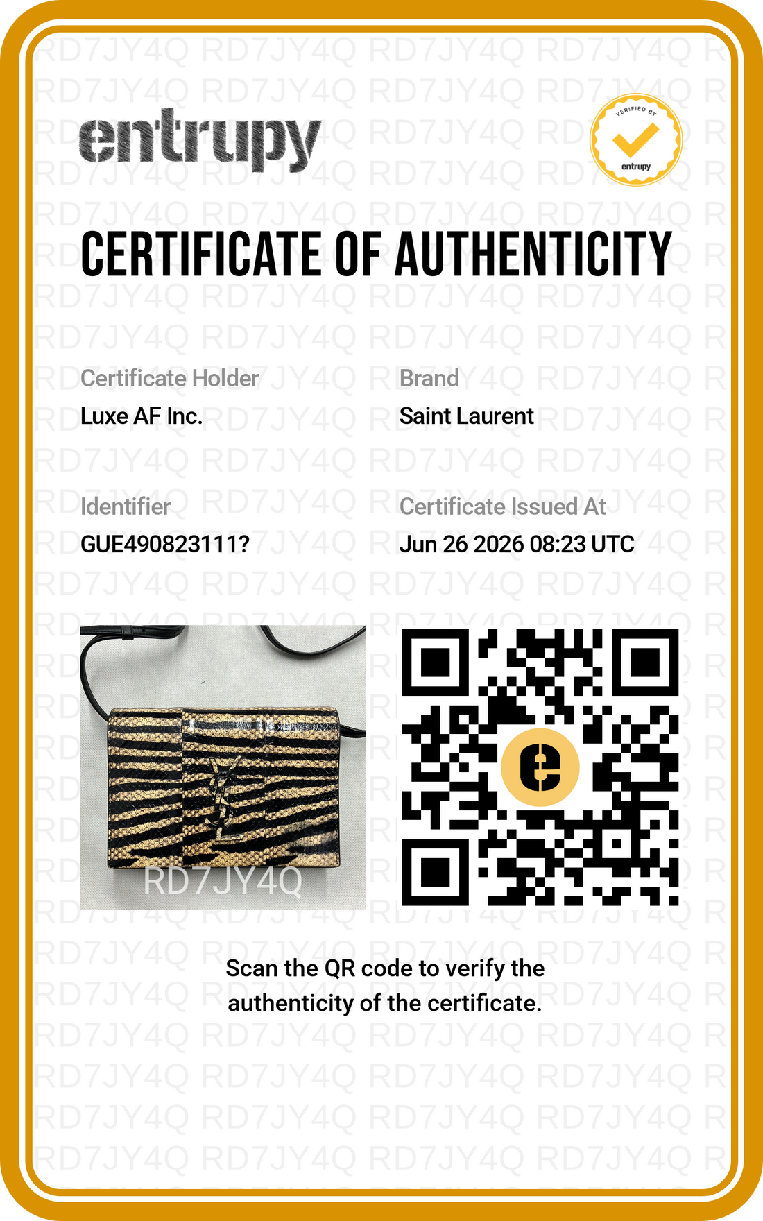 Saint Laurent Kate Zebra Print Leather Wallet On Chain SL271