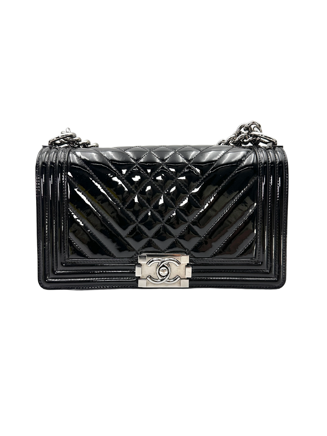 Chanel LeBoy Black Quilted Patent Leather Flap Bag With Silver Buckle(18***63) CC2329