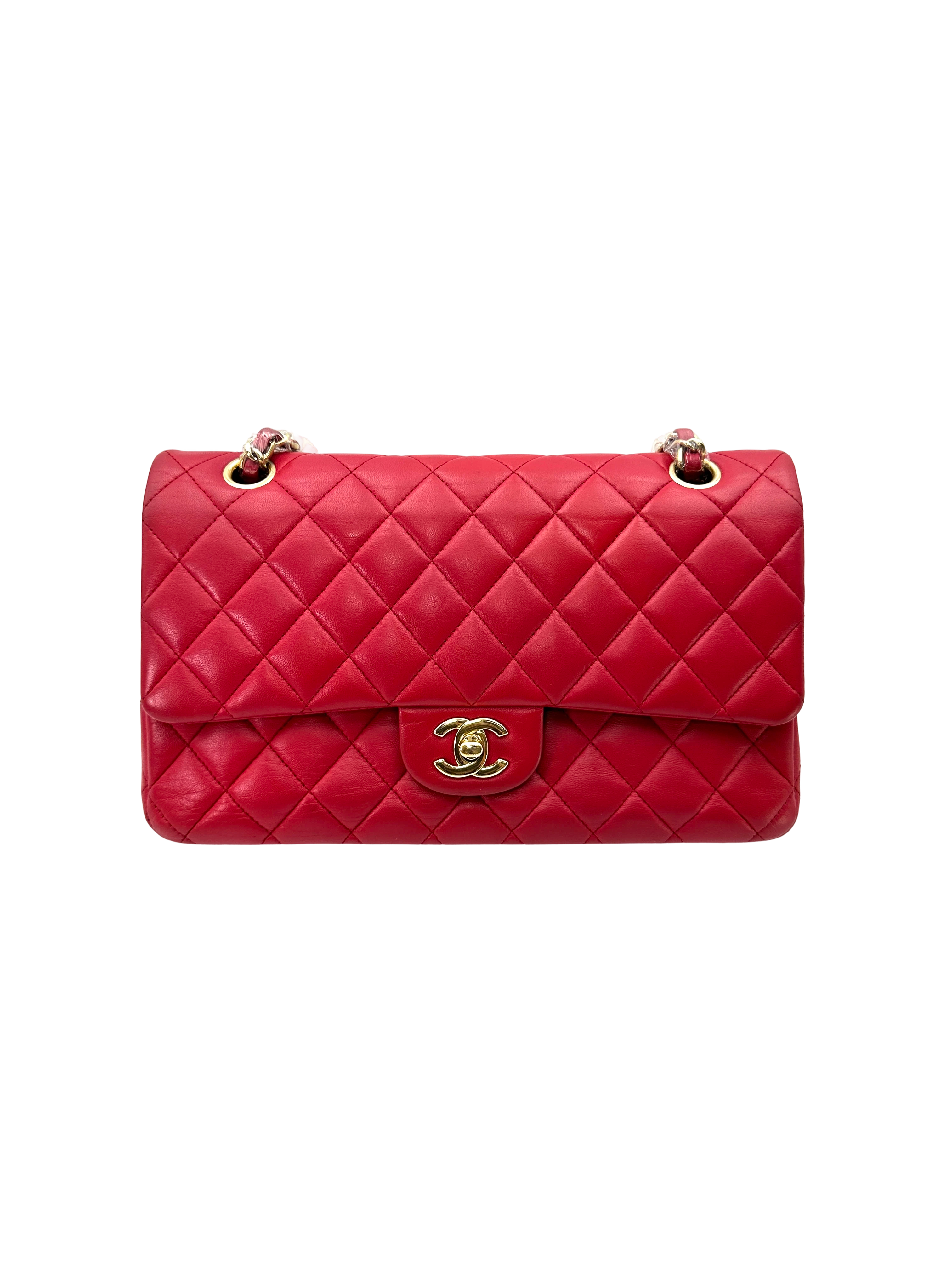 Chanel Classic Flap Red Quilted Lambskin Medium Size Shoulder Bag With Gold Buckle(21***72) CC2330
