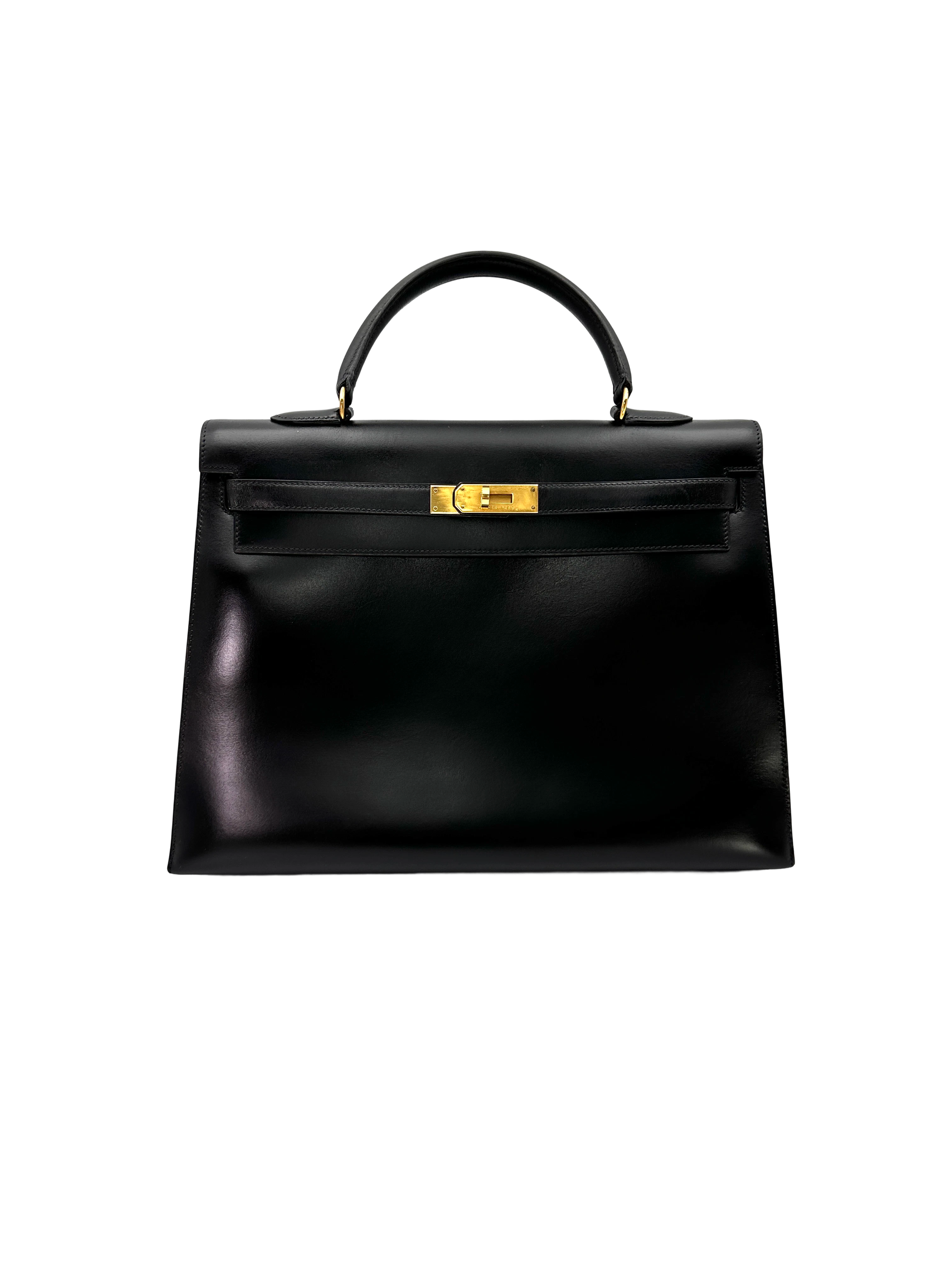 Hermes Kelly32 Black Leather Top Handle Bag With Gold Hardware HR133