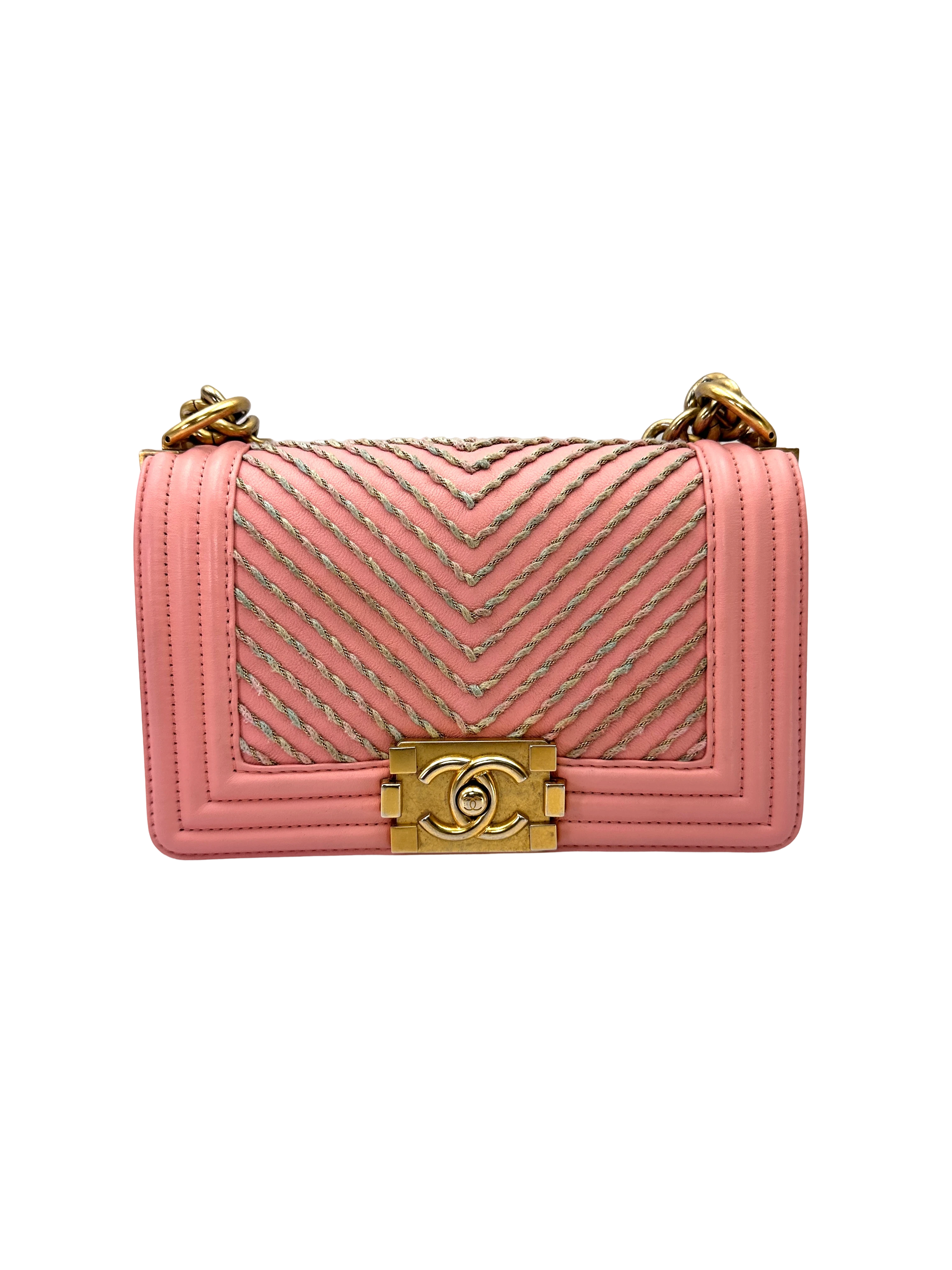 Chanel LeBoy Pink Chevron Quilted Leather Flap Bag With Gold Buckle(27***99) CC2332
