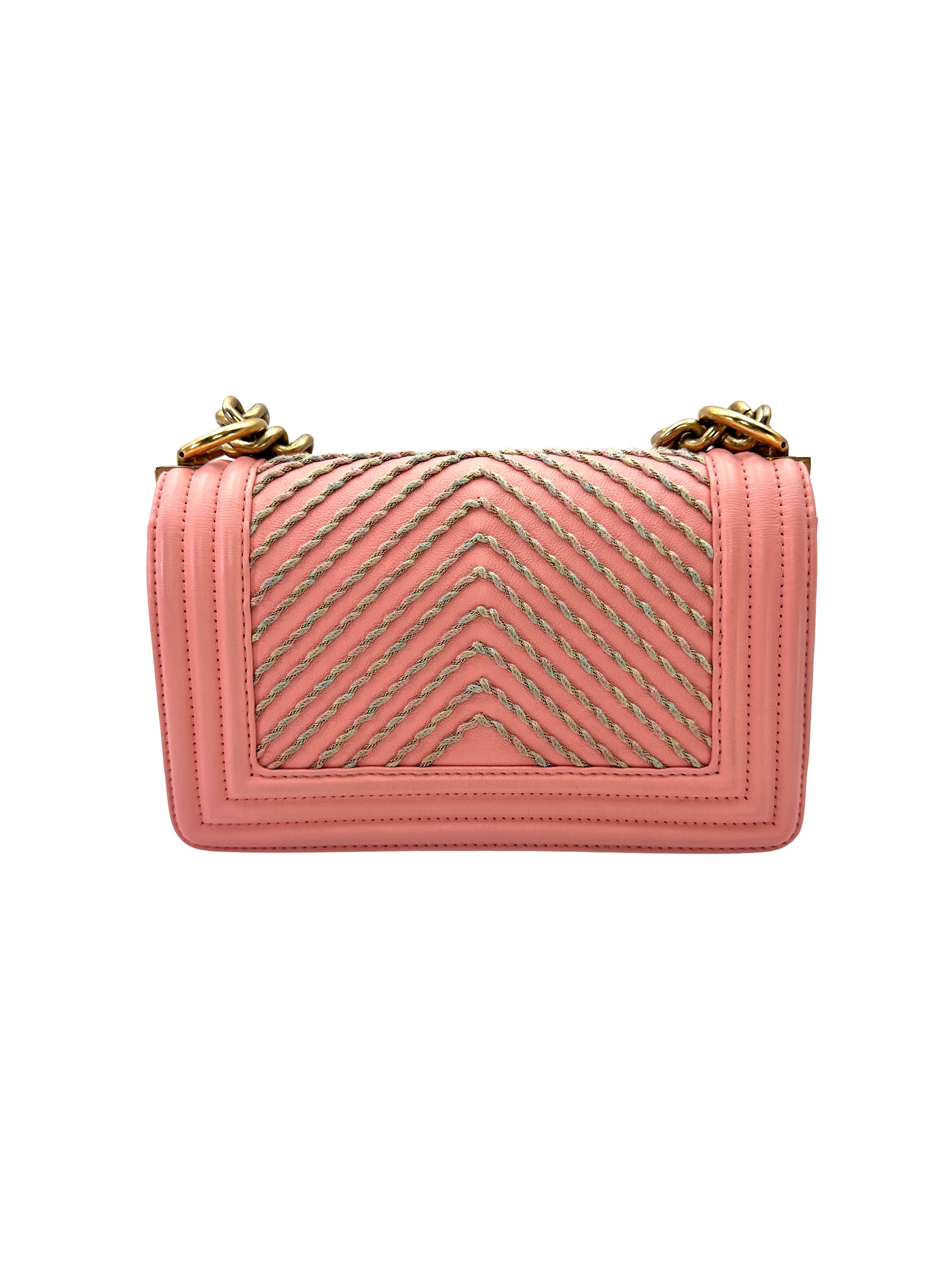 Chanel LeBoy Pink Chevron Quilted Leather Flap Bag With Gold Buckle(27***99) CC2332
