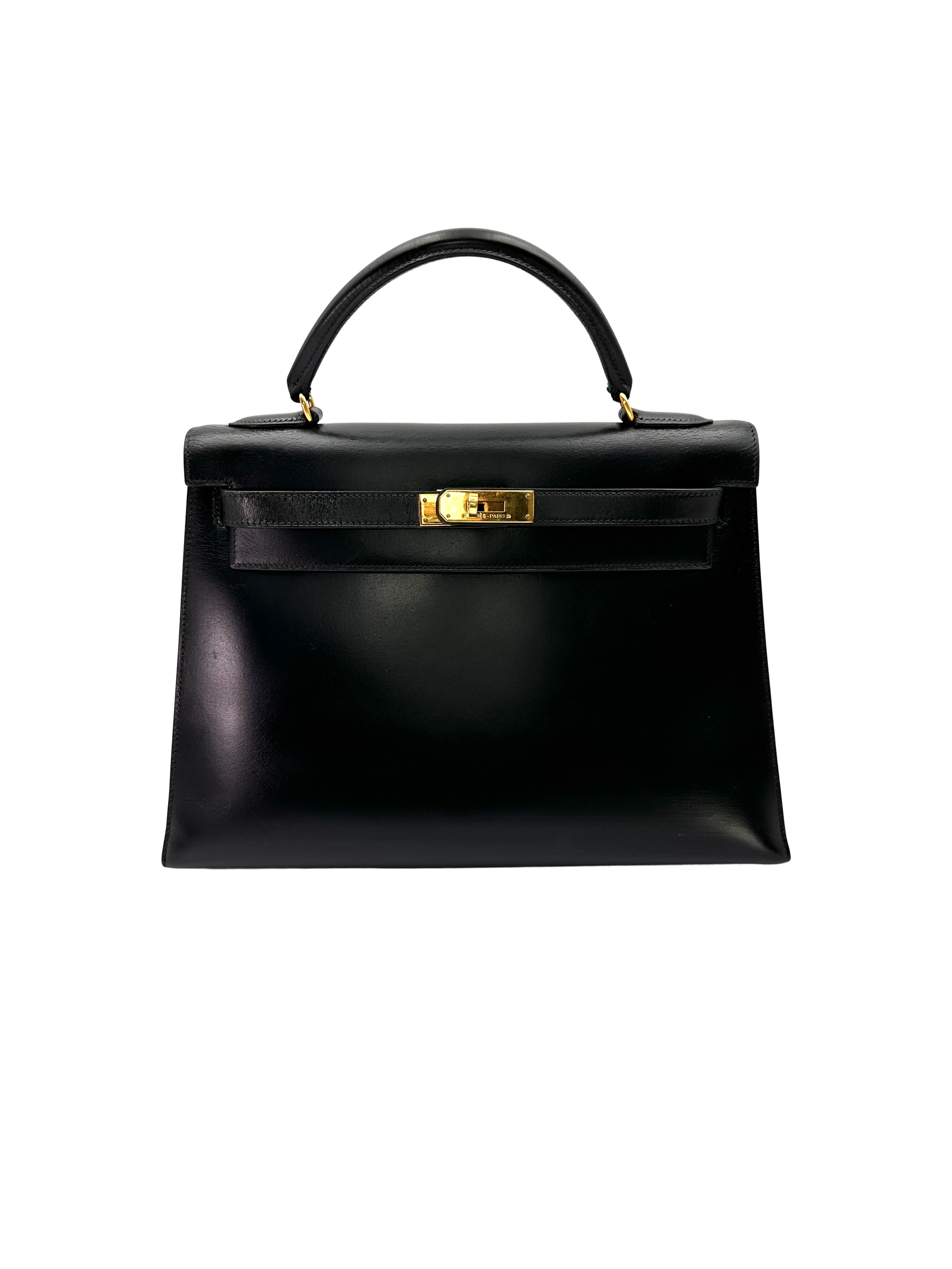 Hermes Kelly32 Black Leather Handle Bag With Gold Hardware HR135