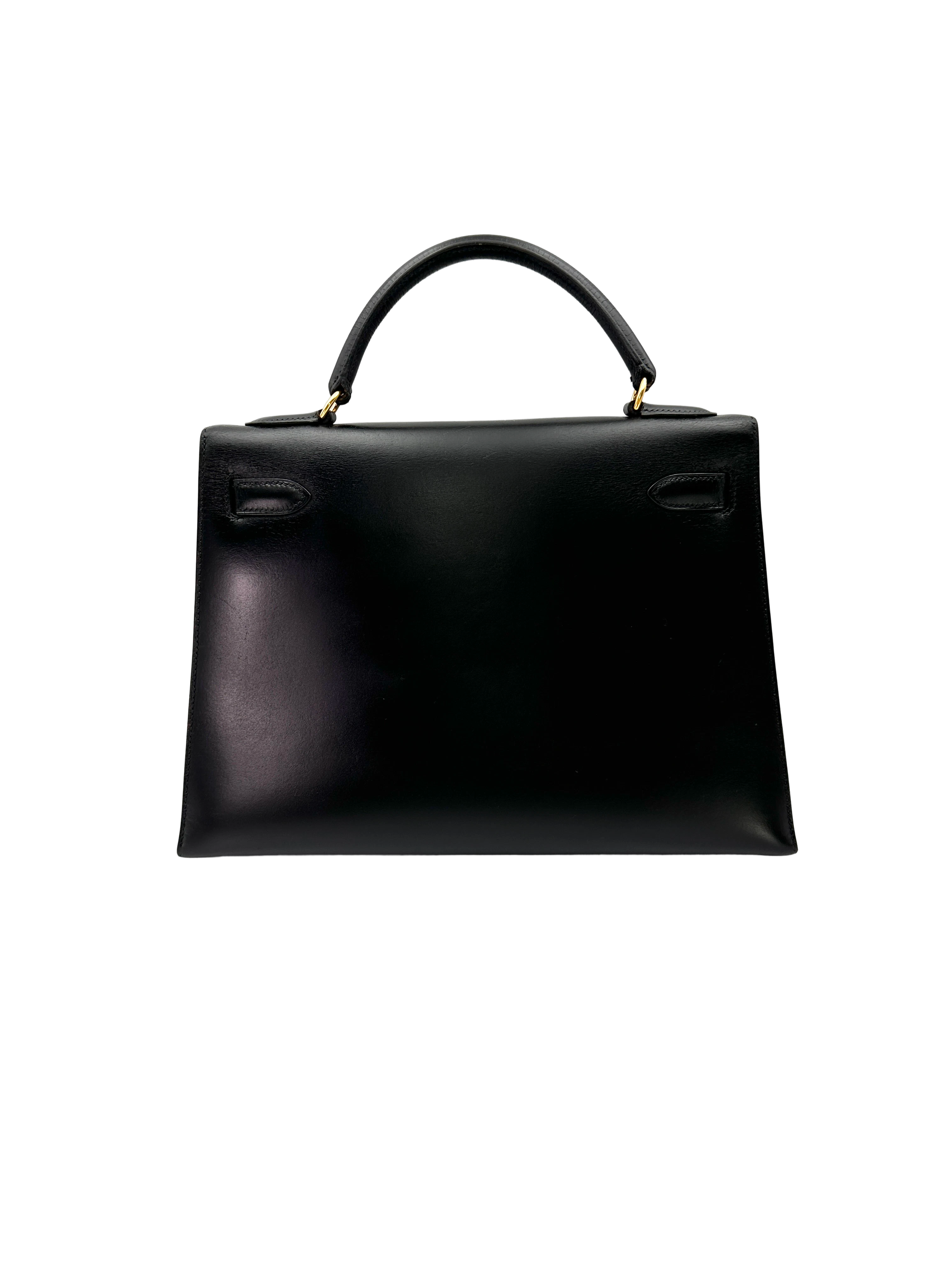 Hermes Kelly32 Black Leather Handle Bag With Gold Hardware HR135