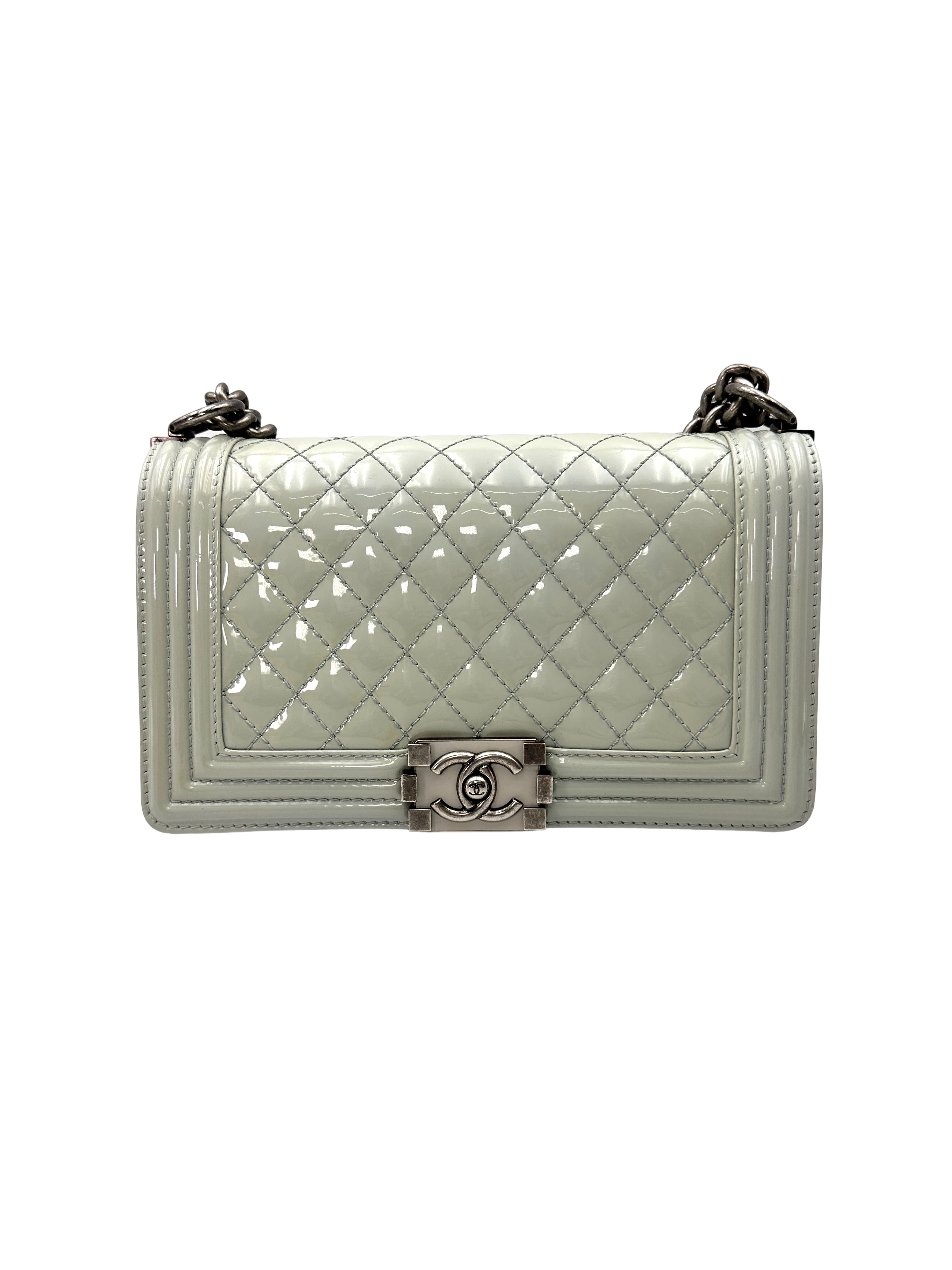 Chanel LeBoy Grey Quilted Patent Leather Flap Bag With Silver Buckle(17***48) CC2347