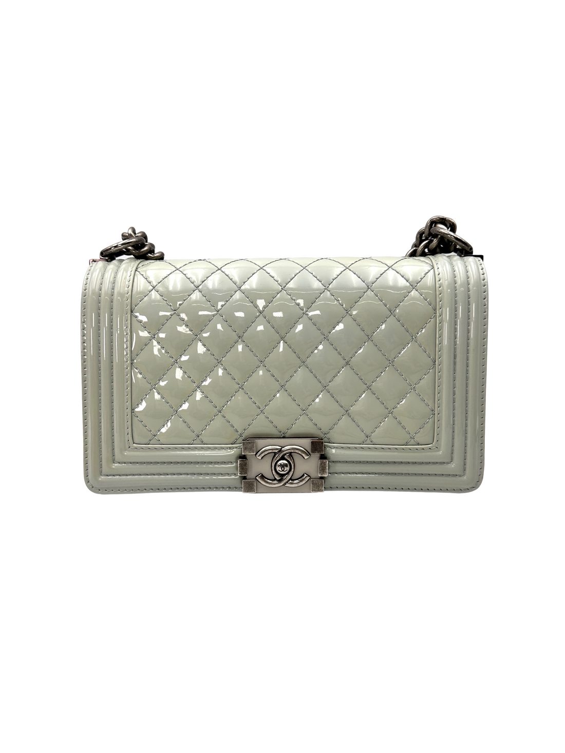 Chanel LeBoy Grey Quilted Patent Leather Flap Bag With Silver Buckle(17***48) CC2347
