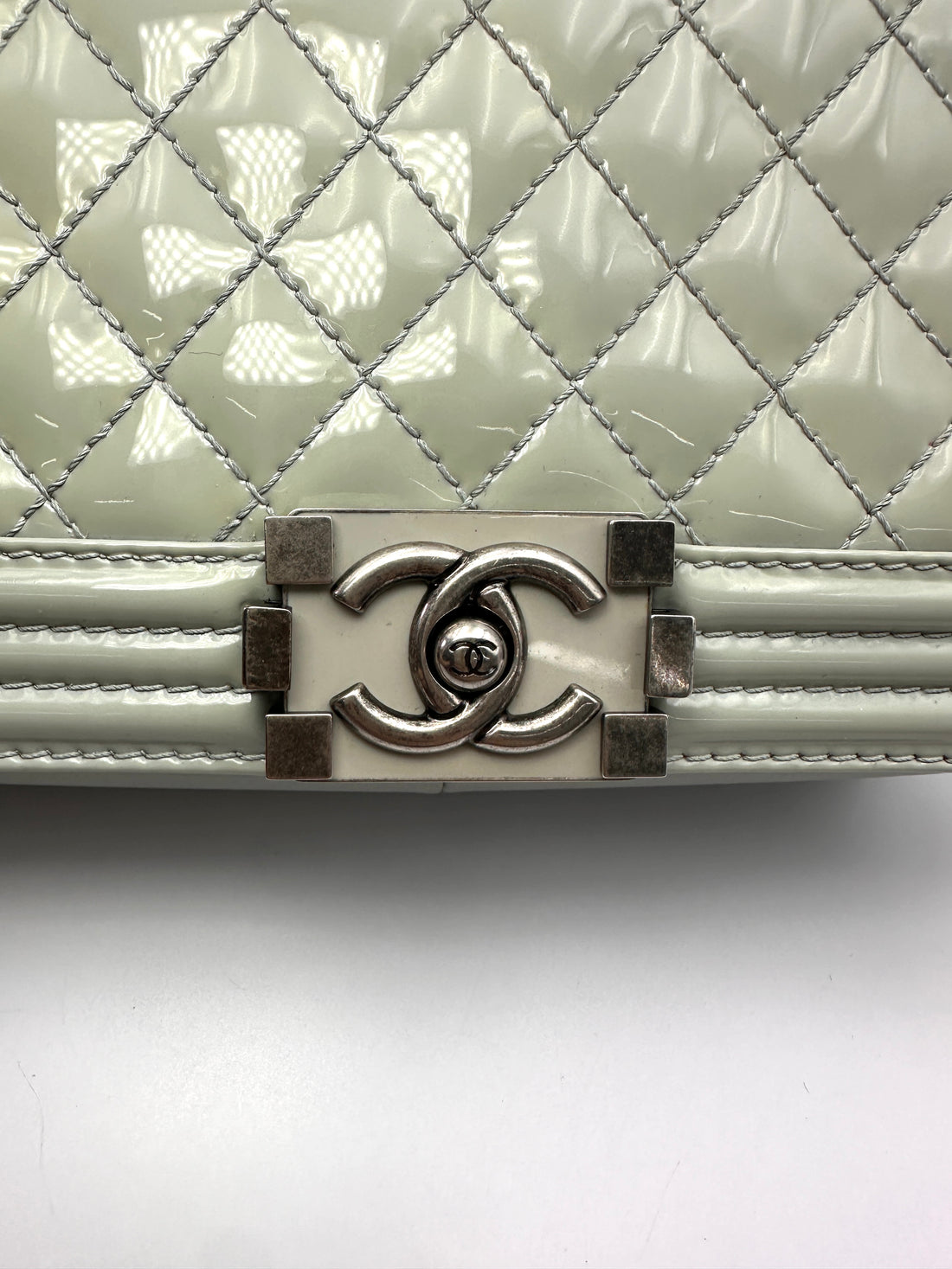 Chanel LeBoy Grey Quilted Patent Leather Flap Bag With Silver Buckle(17***48) CC2347