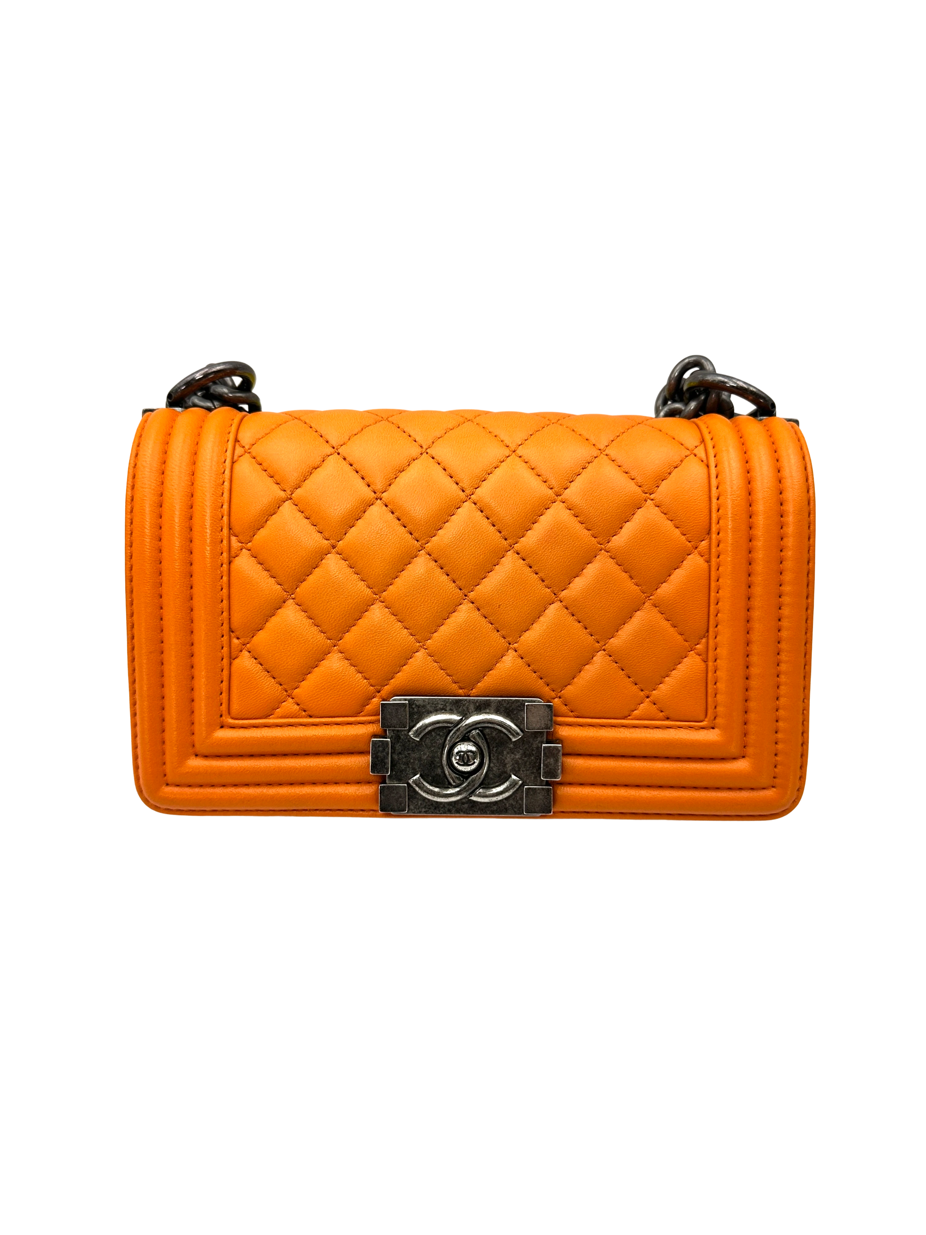 Chanel LeBoy Orange Quilted Lambskin Small Size Flap Bag With Silver Buckle(20***93) CC2343