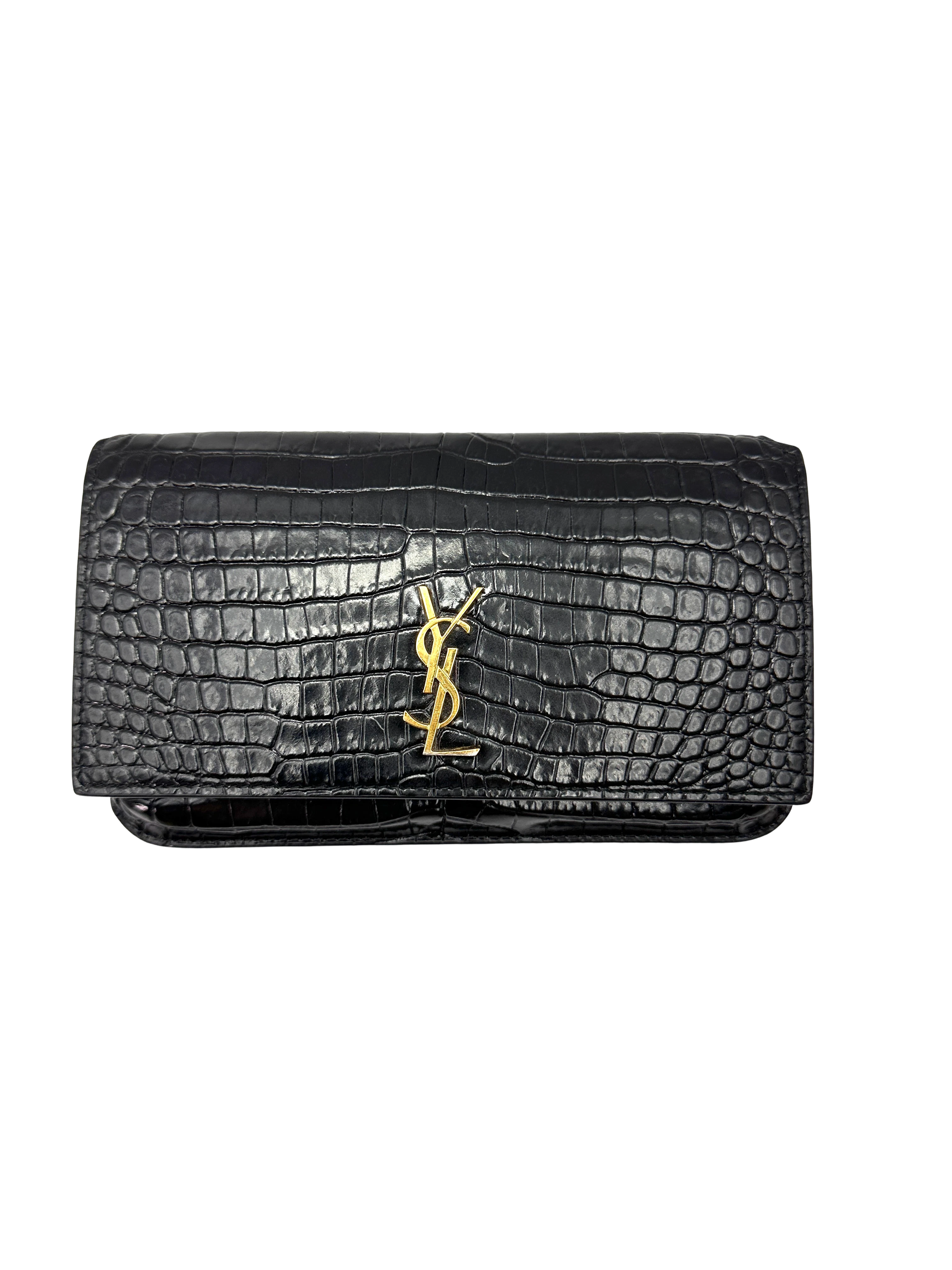 Saint Laurent Black Croc-Embossed Leather Wallet On Chain SL274