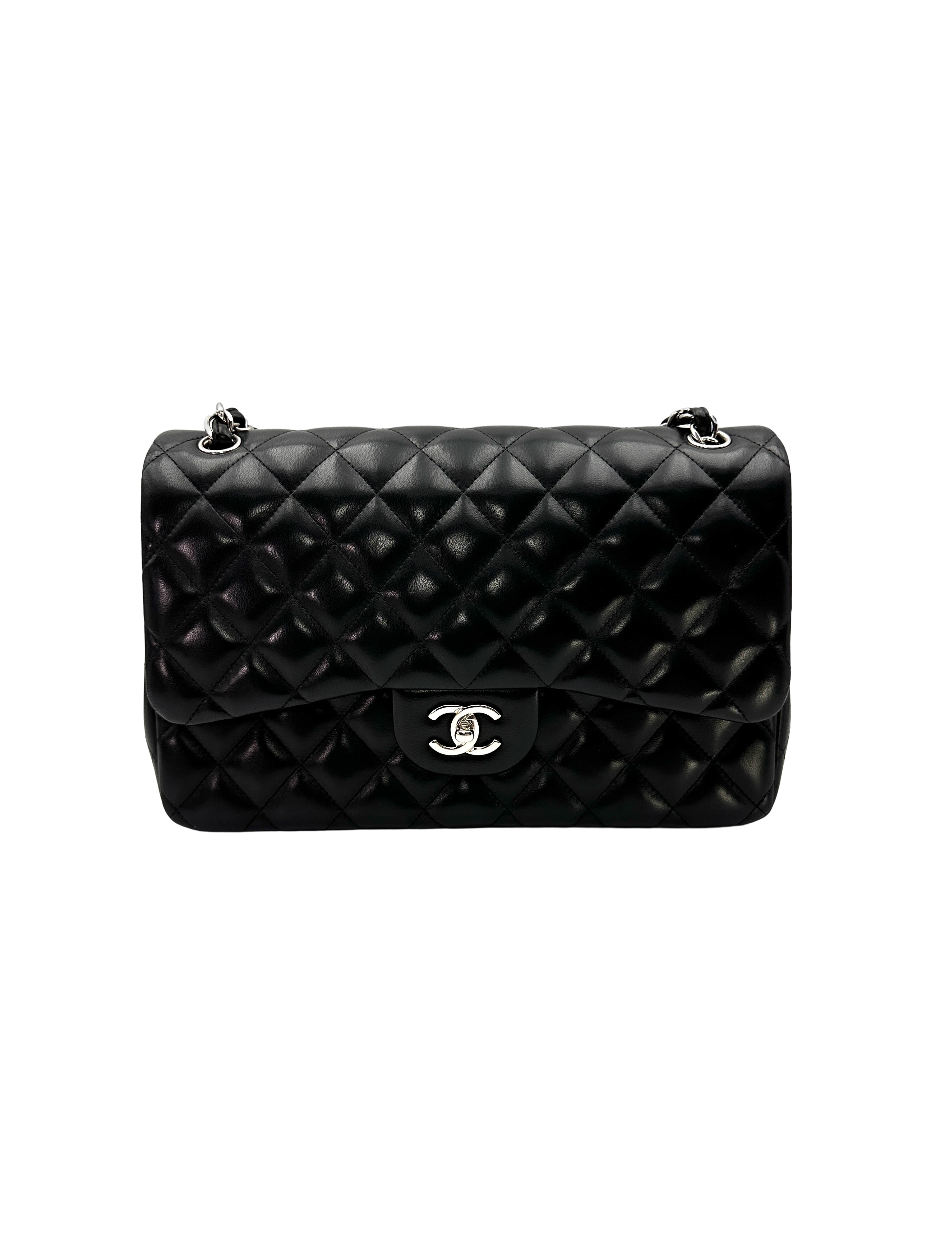 Chanel Classic Flap Black Quilted Lambskin Jumbo Shoulder Bag With Silver Buckle(18***22) CC2355