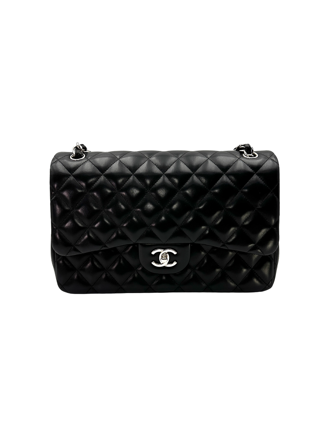 Chanel Classic Flap Black Quilted Lambskin Jumbo Shoulder Bag With Silver Buckle(18***22) CC2355