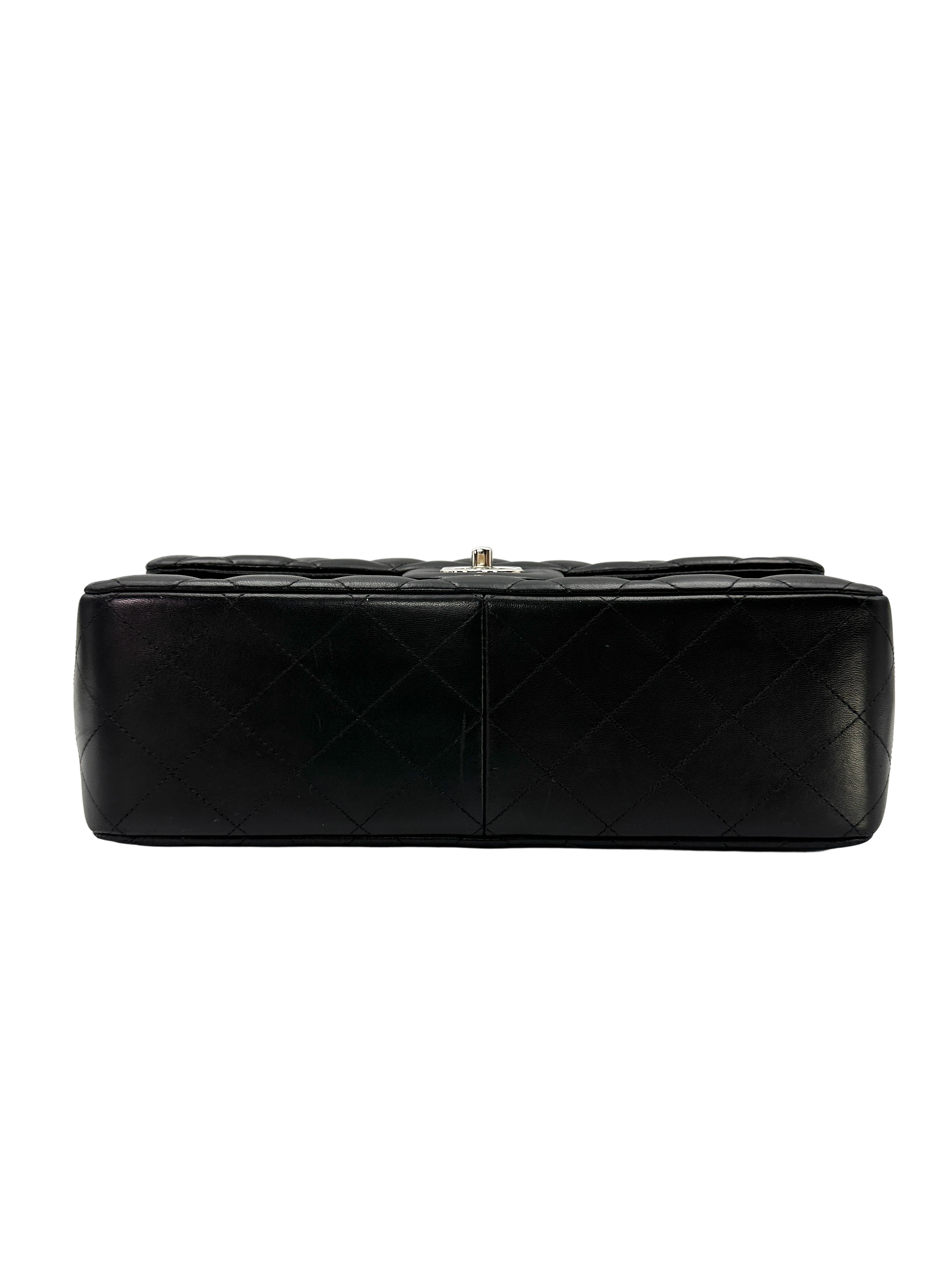Chanel Classic Flap Black Quilted Lambskin Jumbo Shoulder Bag With Silver Buckle(18***22) CC2355