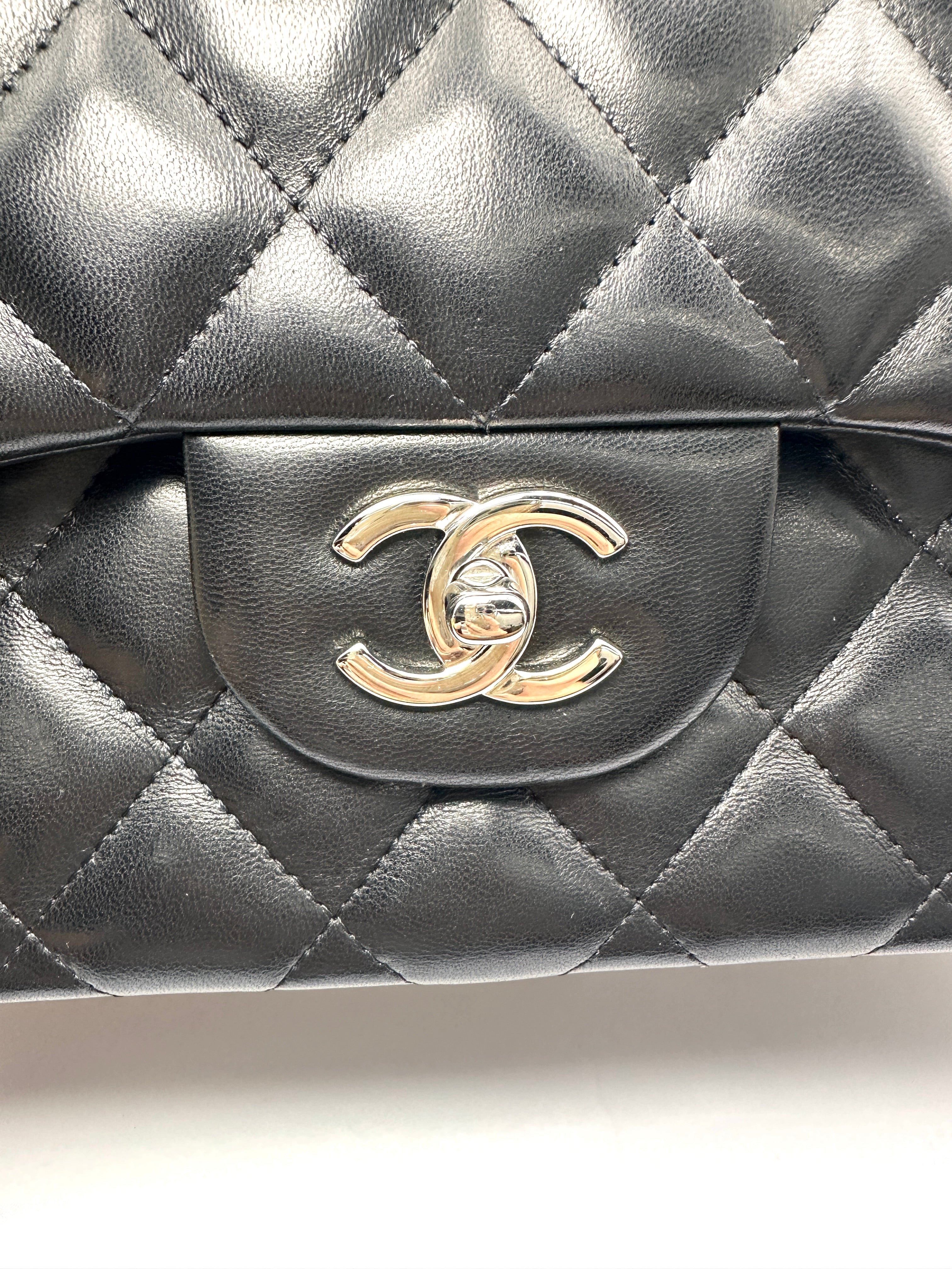 Chanel Classic Flap Black Quilted Lambskin Jumbo Shoulder Bag With Silver Buckle(18***22) CC2355