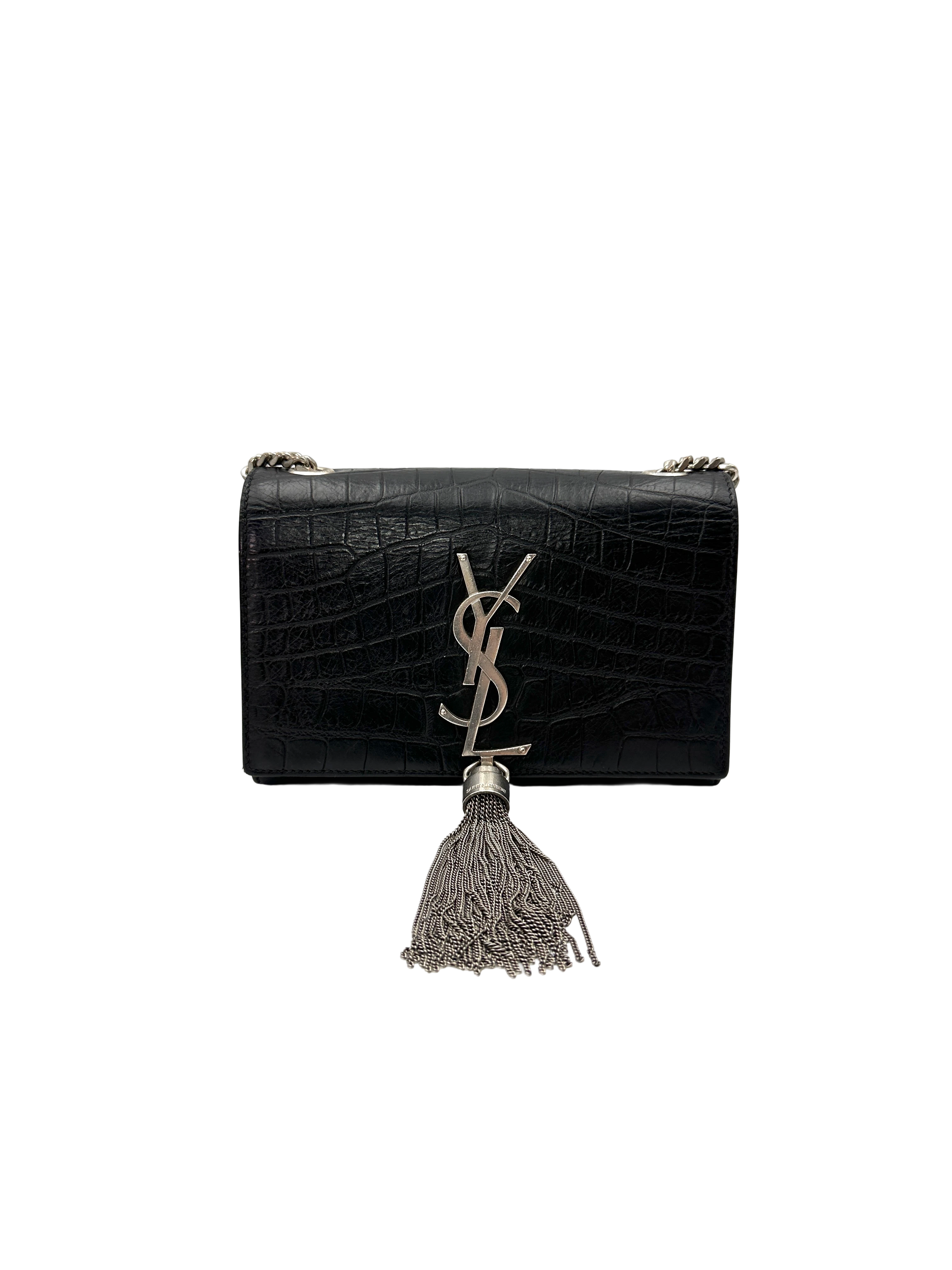 Saint Laurent Kate Croc-Embossed Leather Tassel Shoulder Bag SL275