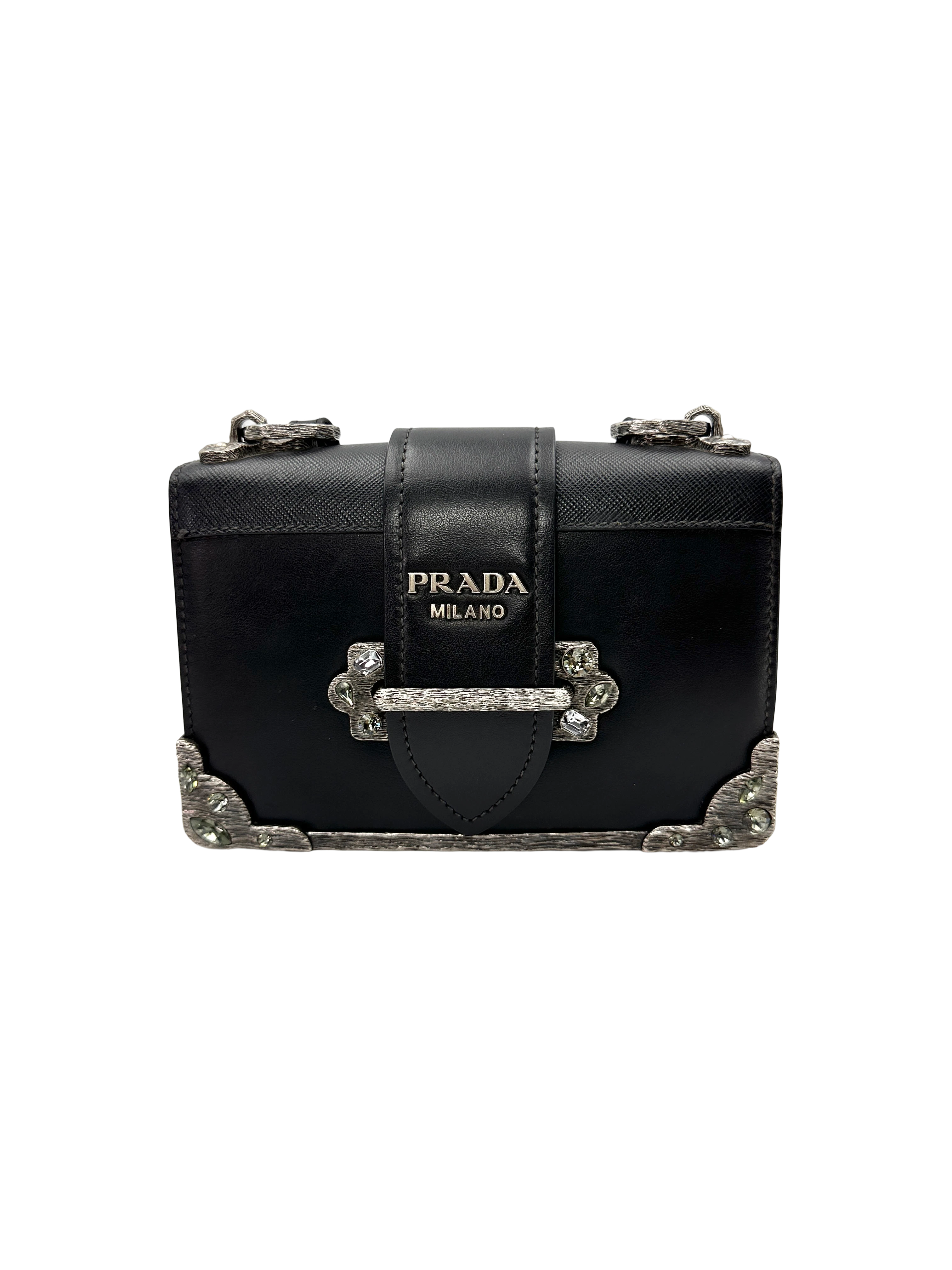 Prada Cahier Crystal-Embellished Black Leather Shoulder Bag PR525