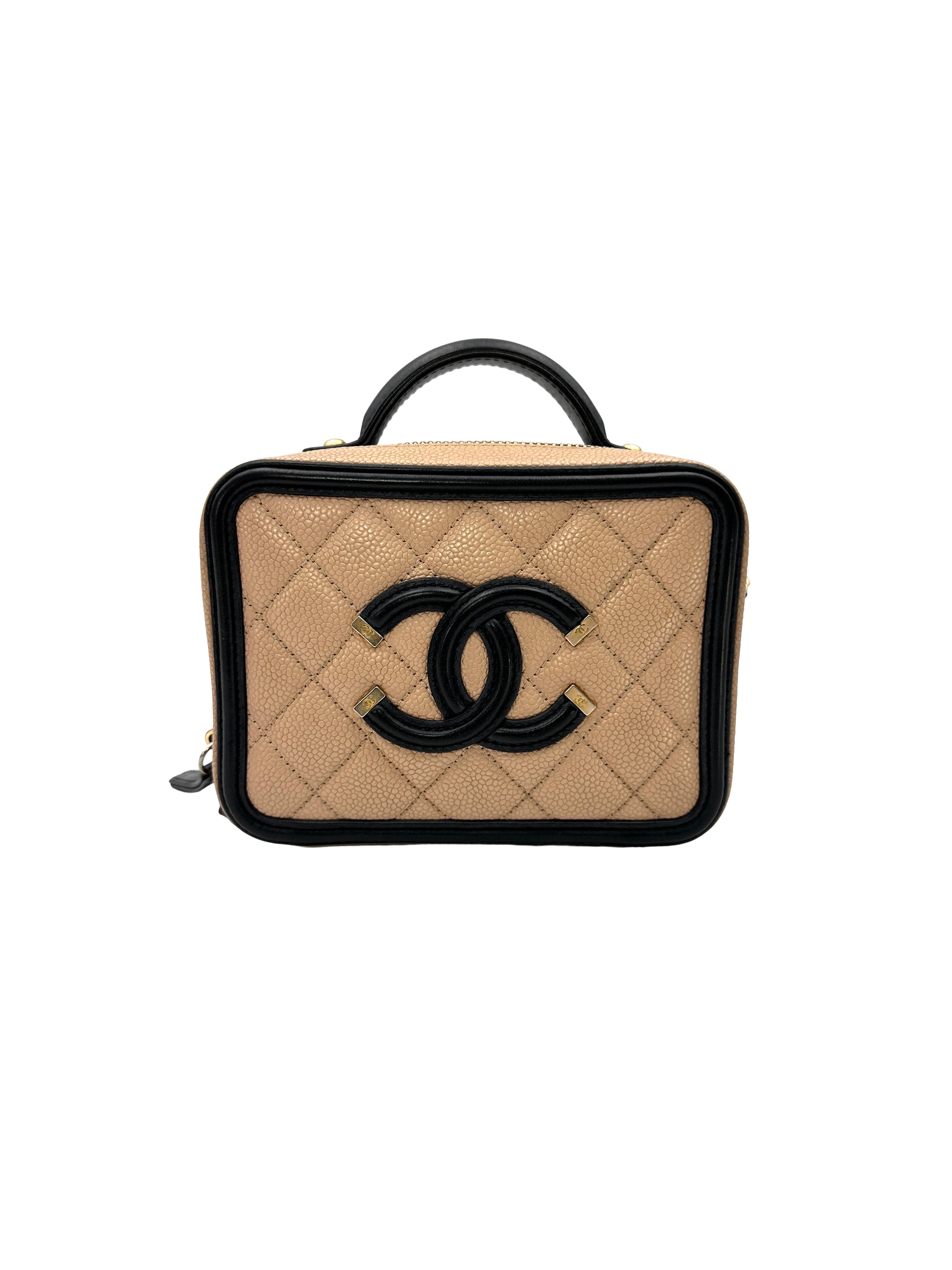 Chanel CC Filigree Black/Beige Quilted Leather Top Handle Vanity Case(26***26) CC2357