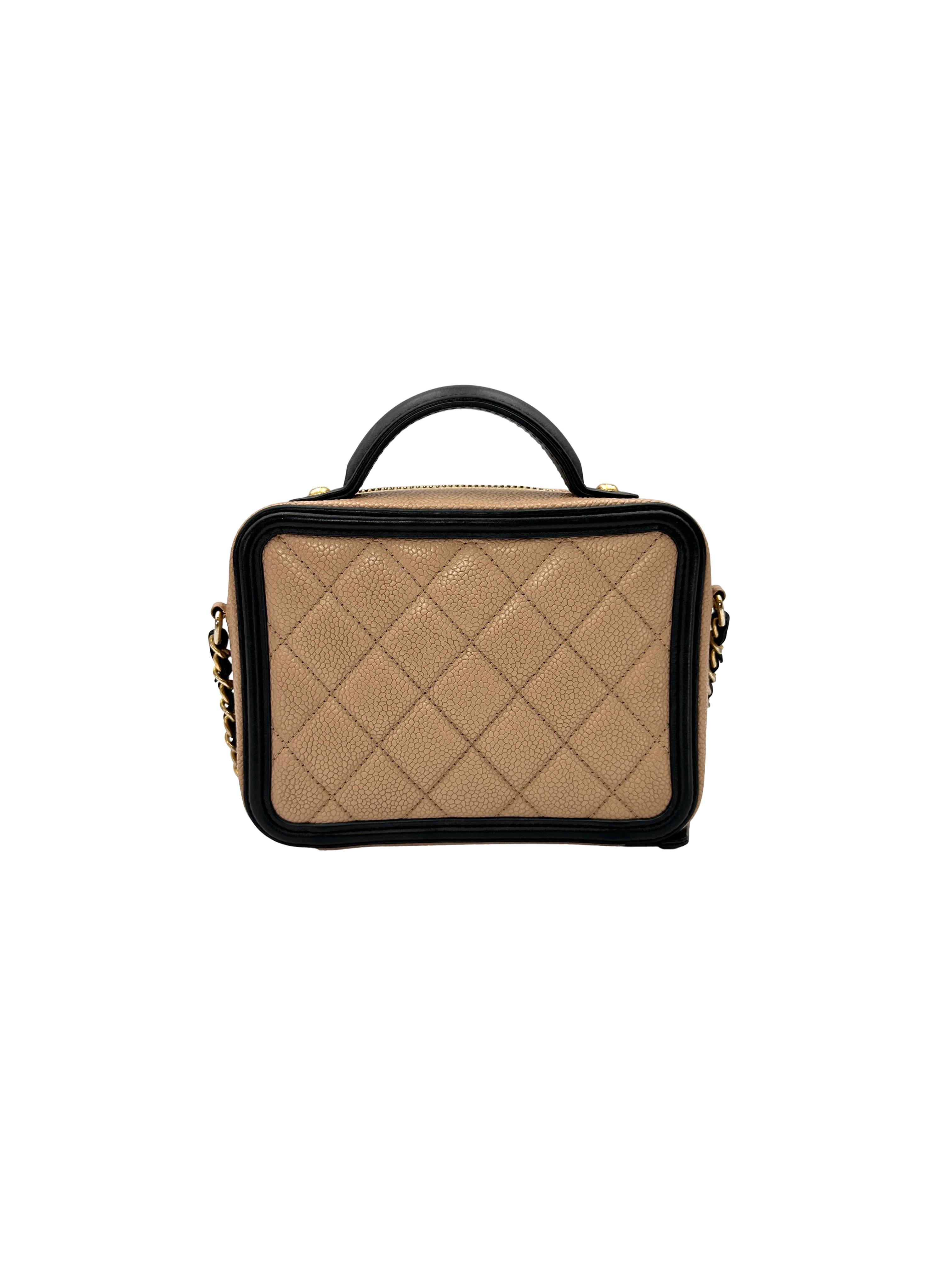 Chanel CC Filigree Black/Beige Quilted Leather Top Handle Vanity Case(26***26) CC2357