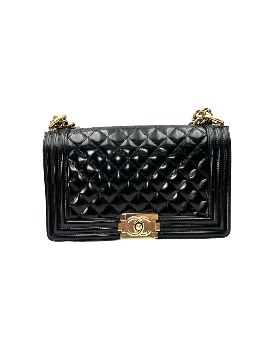 Chanel LeBoy Black Quilted Patent Leather Flap Bag With Gold Buckle(22***57) CC2358