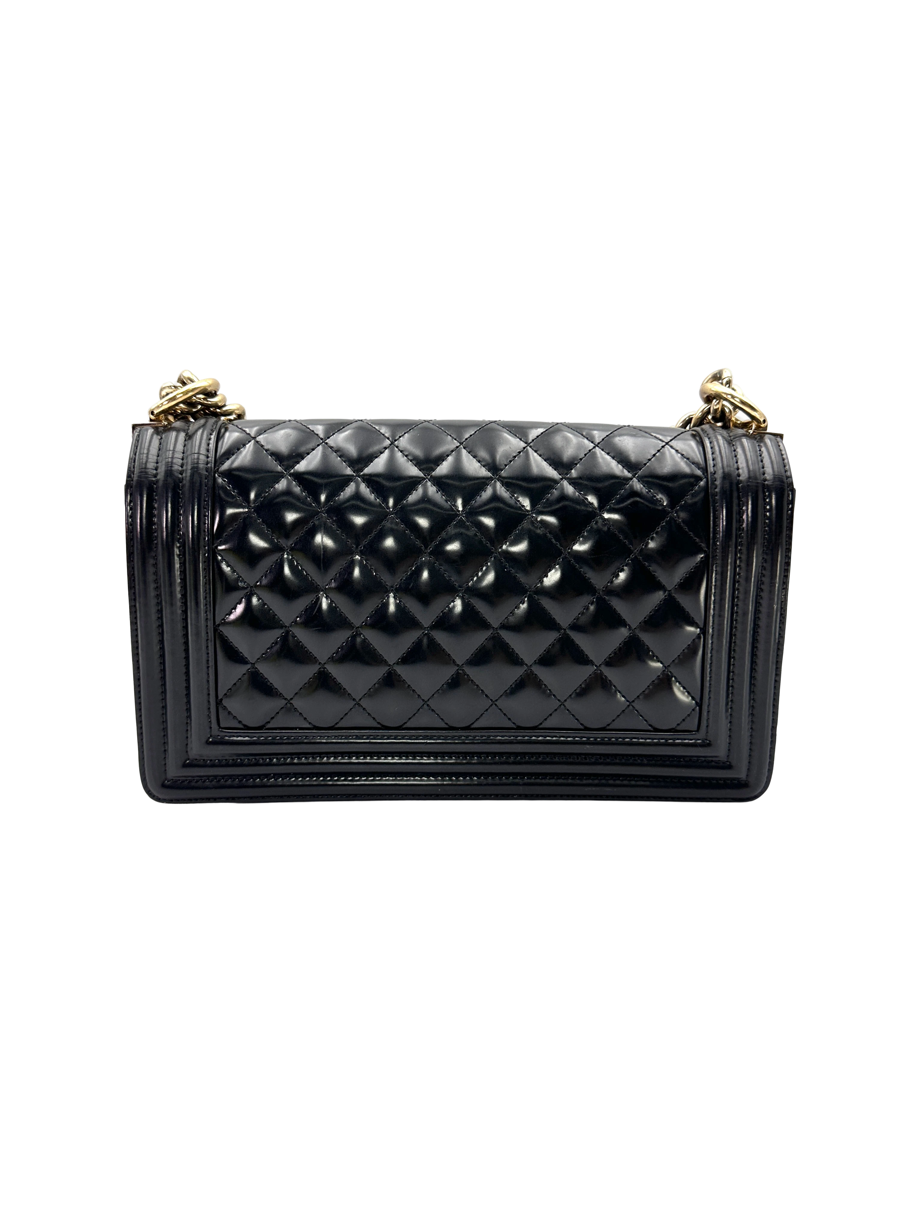 Chanel LeBoy Black Quilted Patent Leather Flap Bag With Gold Buckle(22***57) CC2358