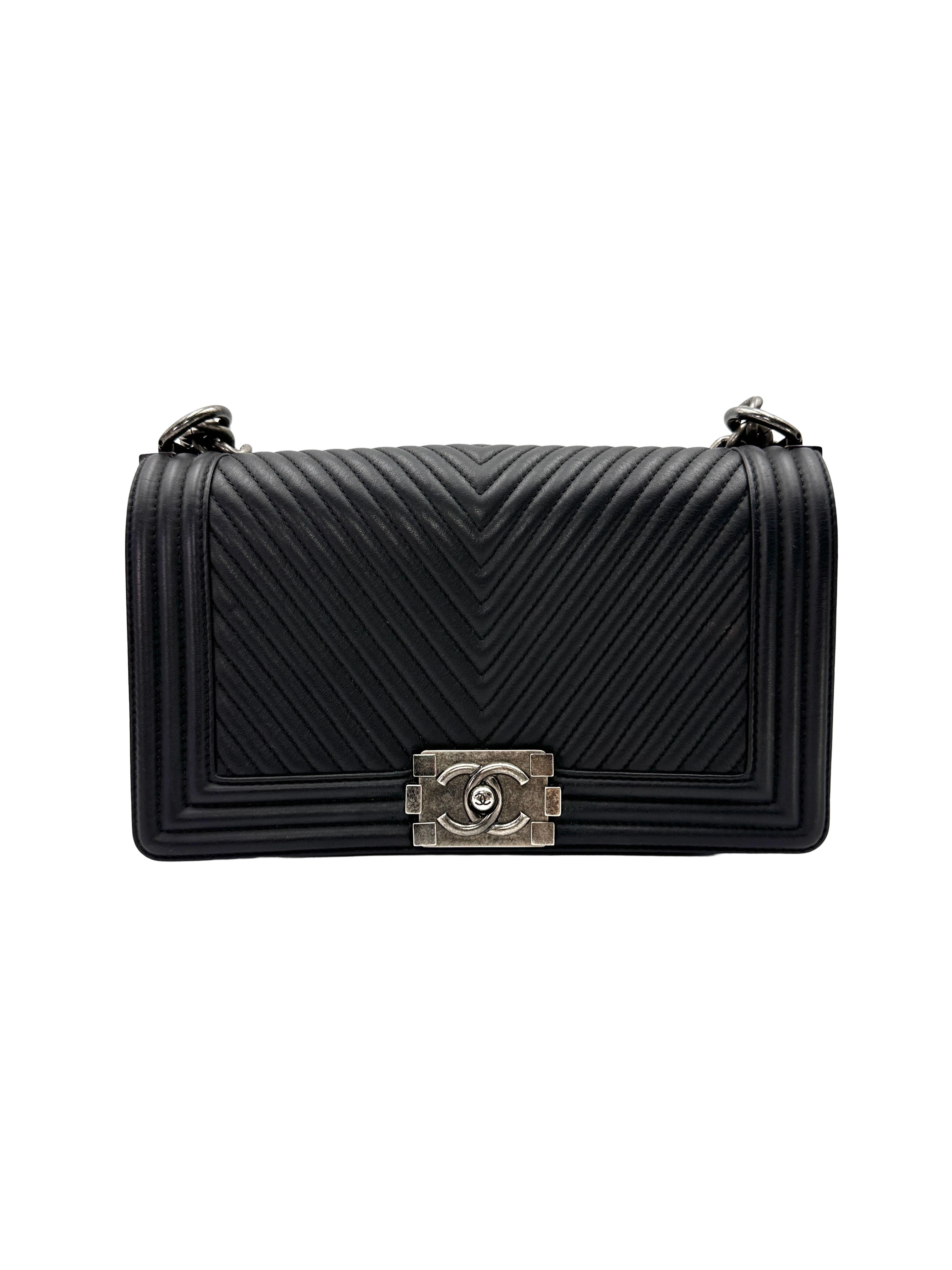 Chanel LeBoy Black Chevron Quilted Lambskin Flap Bag With Silver Buckle(19***14) CC2361